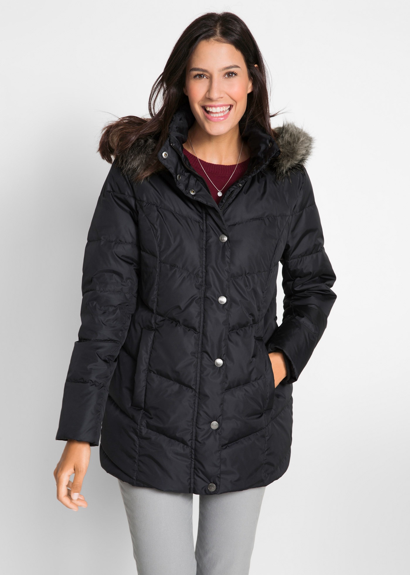 Image of bonprix Steppjacke mit Kapuze 2-Wege-Zipper, mit abnehmbarer Kapuze mit Fellimitat