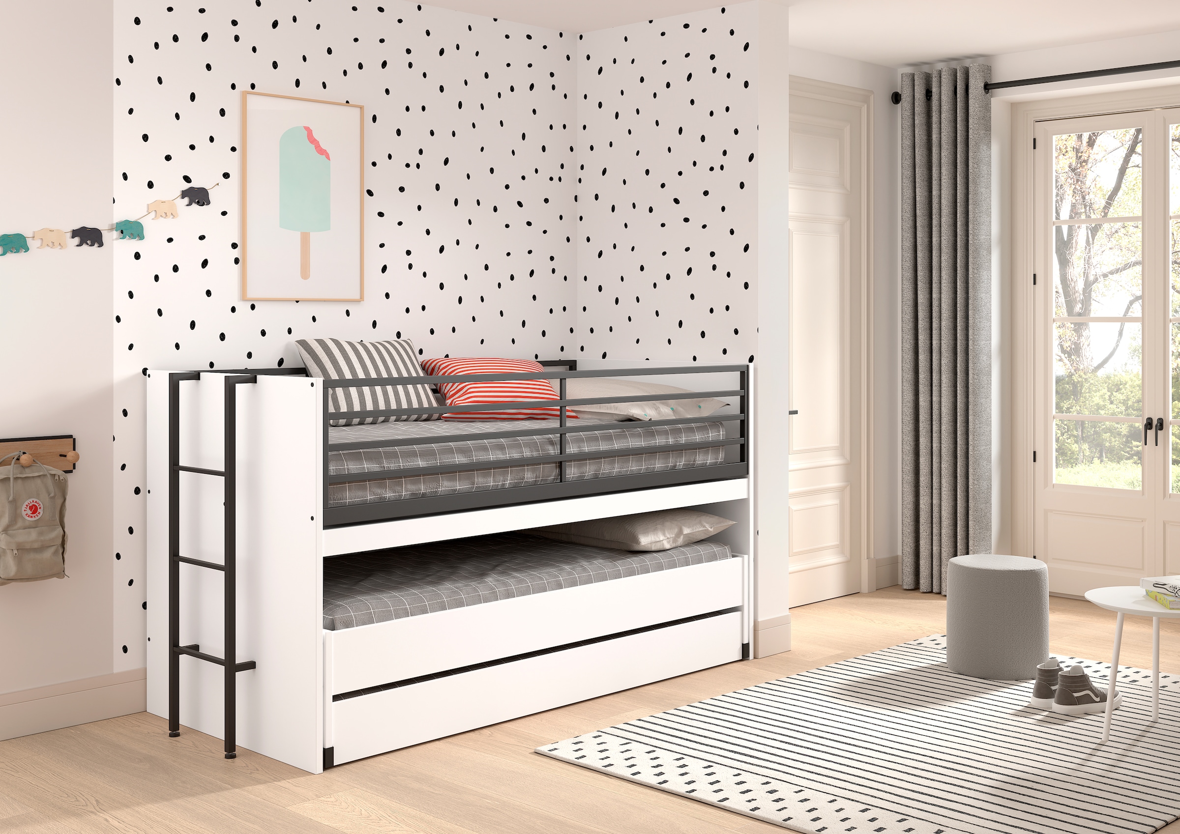 Vipack Etagenbett »praktisches Etagenbett mit viel Funktion, 2 Dekore zur Wahl« B/H/T ca. 219x114x98cm, Metall Leiter und Absturzschutz in schwarz,  für kleine Räume, 2 Liegefl., Bettschublade, inkl. Schreibtisch