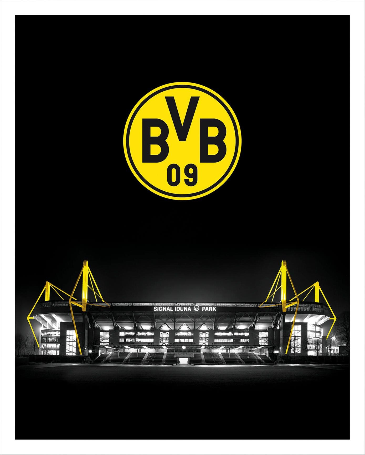 Poster »BVB Signal Iduna Park bei Nacht Emblem«, Schriftzug, Poster ohne Bilderrahmen