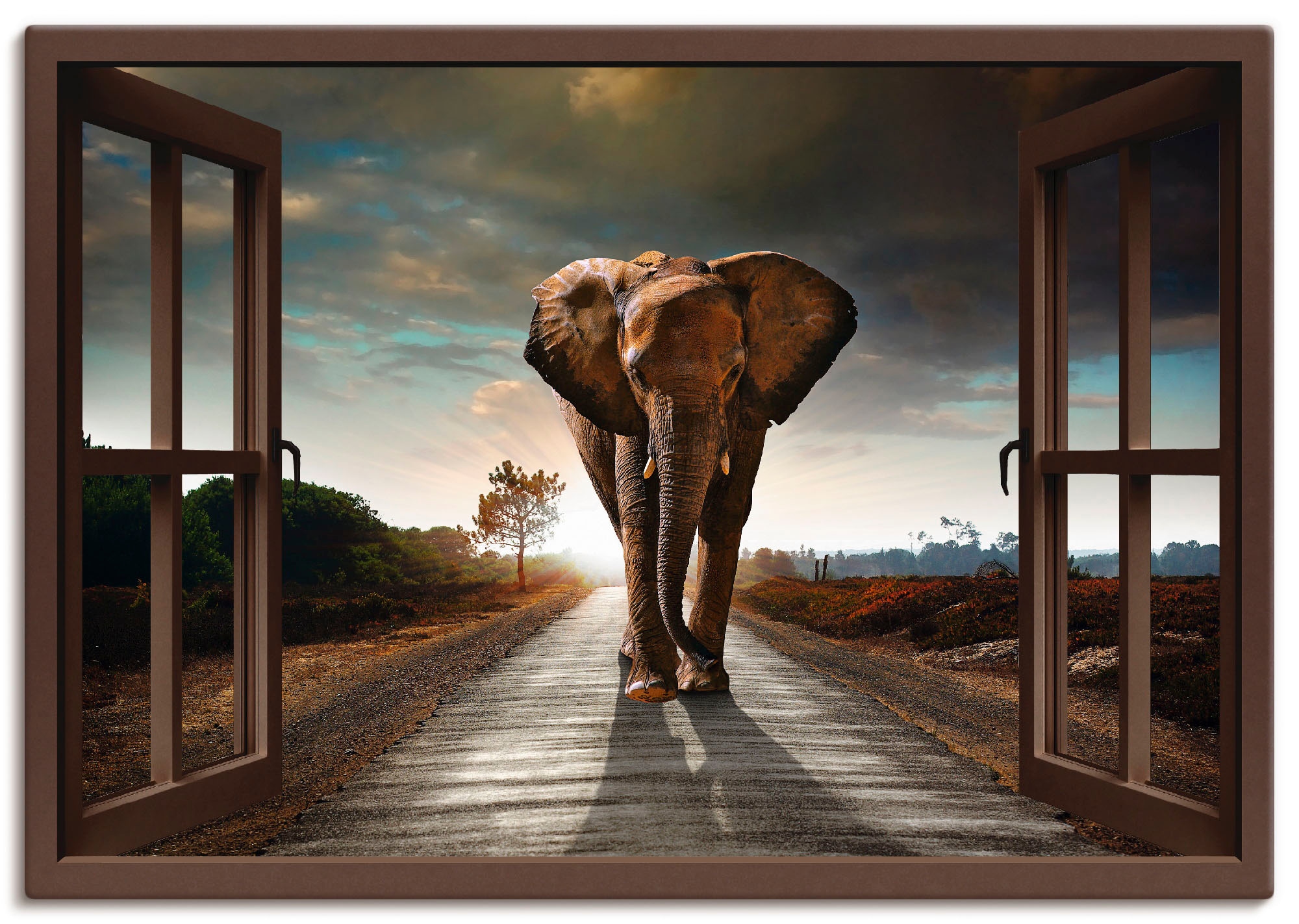 Image of Artland Leinwandbild "Elefant auf Strasse - braunes Fenster" Fensterblick 1 Stk. tlg. auf Holzrahmen gespannt