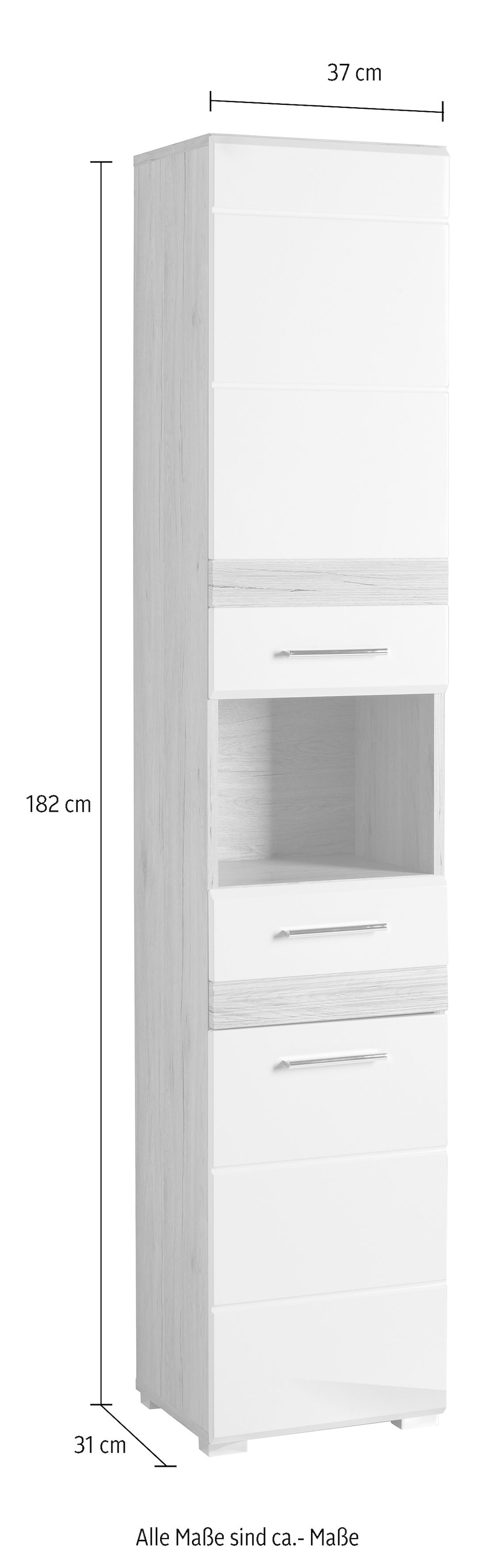 welltime Hochschrank »Toulon«, Badschrank mit Schublade und offenem Fach - Masse (B/T/H) 37/31/182 cm