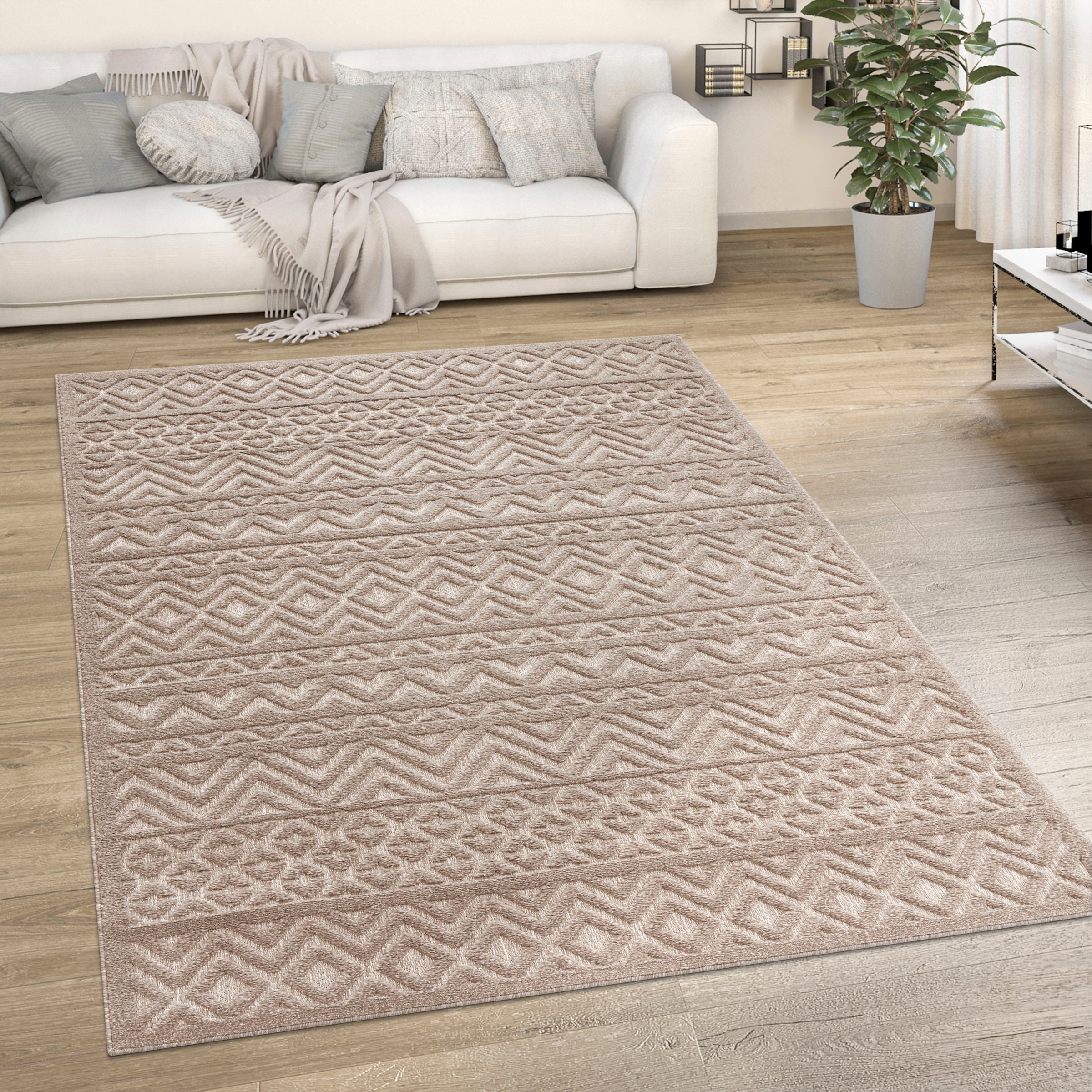 Paco Home Teppich »Livorno 673«, rechteckig, 14 mm Höhe, Uni-Farben, Scandi, Rauten Muster, Hoch-Tief Effekt, Outdoor geeignet