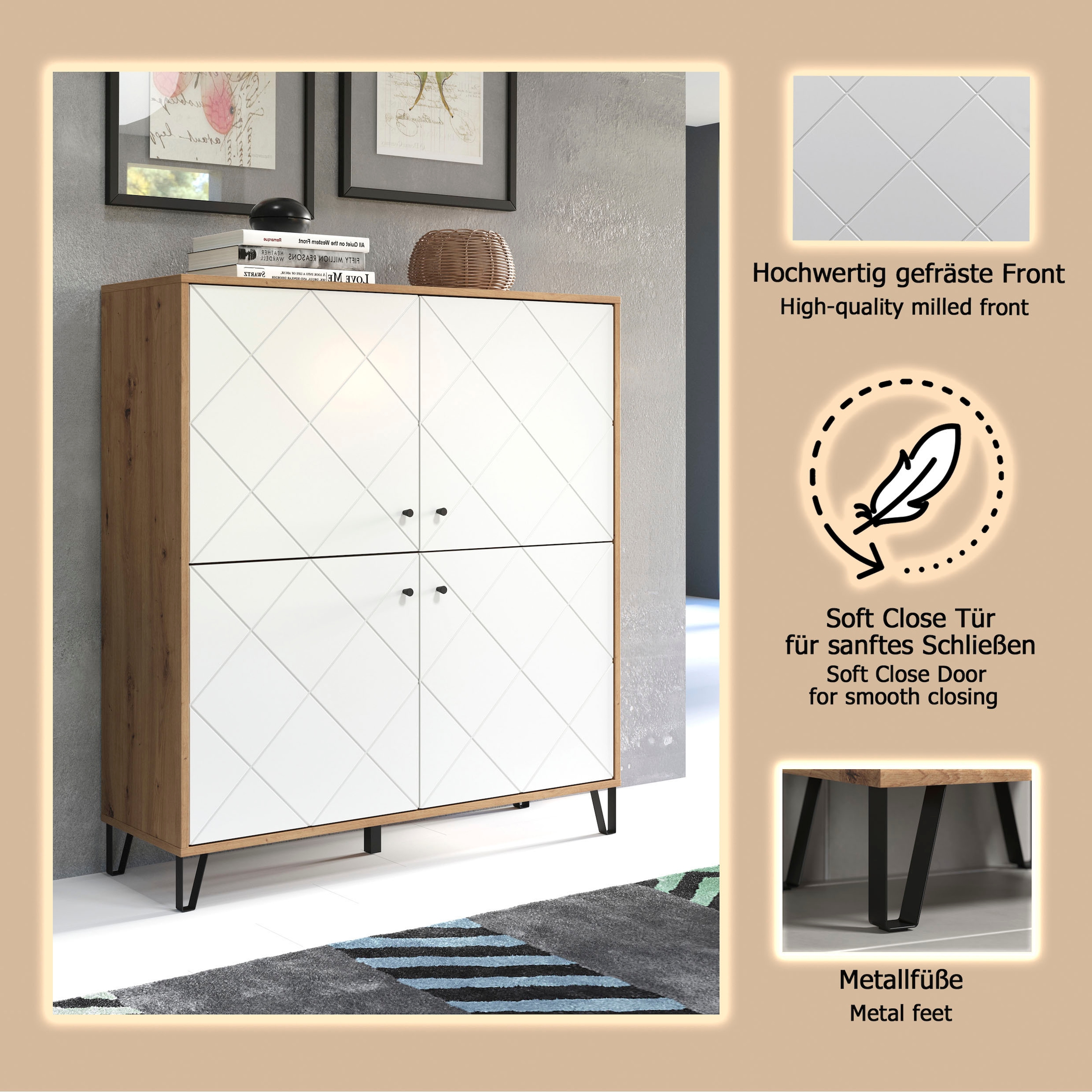 PLACES OF STYLE Buffet haut »Tarragona« Highboard mit 4 Türen & Soft-Close - (B/T/H) 123/40/136 cm