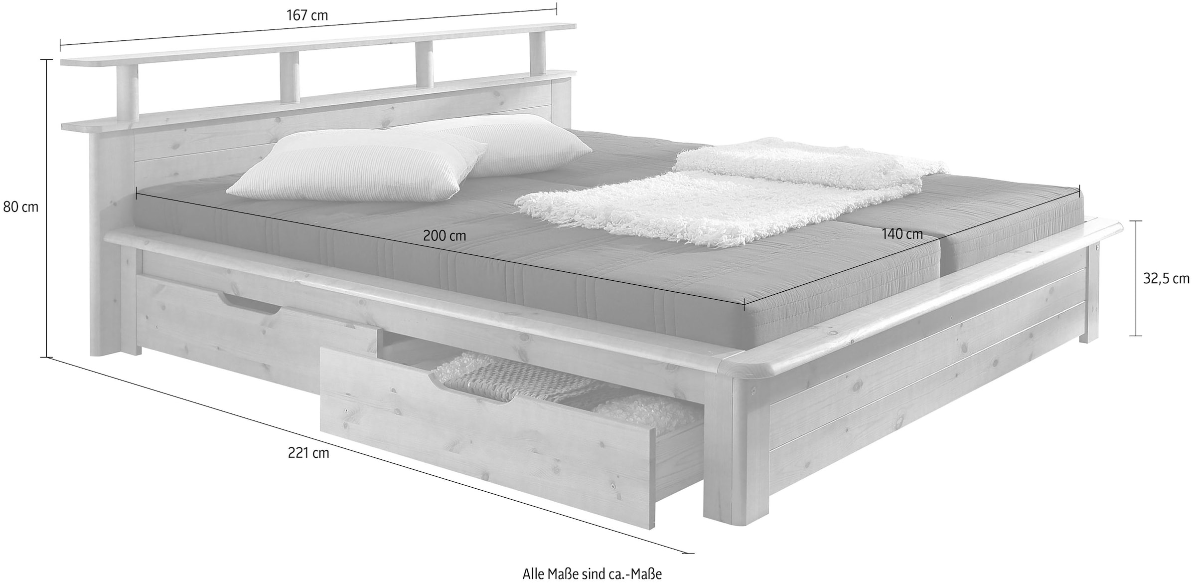 Home affaire Funktionsbett »"FINJA " Kieferbett, Futonbett, Kopfteil mit Ablagefläche«, zertifiziertes Massivholz, Schubkästen optional