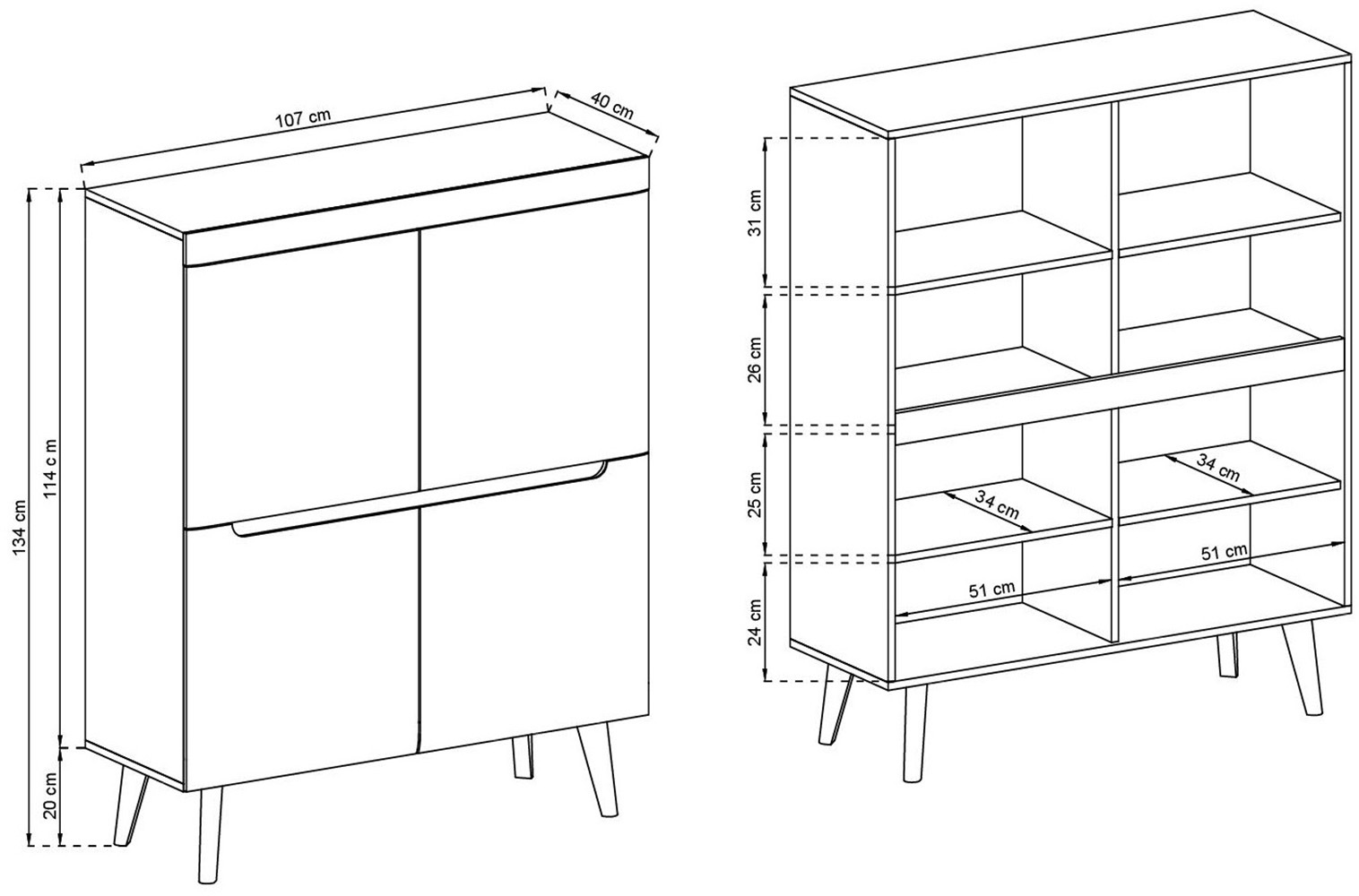 INOSIGN Highboard »Torge, Kommode, Schrank, Sideboard, Anrichte, Mehrzweckschrank«, (1 St.), abgeschrägte Füsse, drei Farben, Scandi Design, 107 cm breit