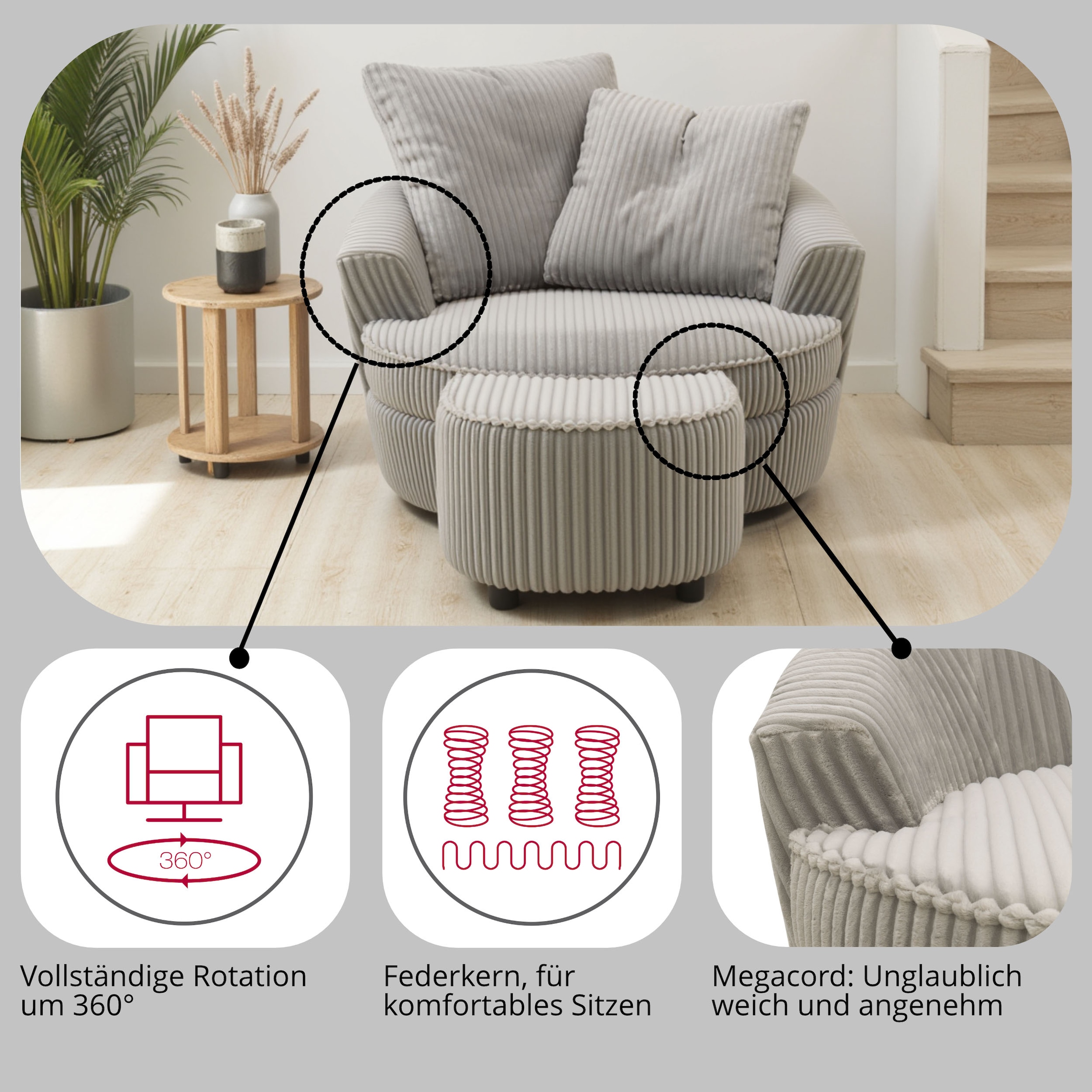 INOSIGN Polsterhocker »AMECA, Hocker, Fusshocker 52 x 47 x 46 cm (BxTxH)«, (1 St.), mit Mega-Cordstoff, sichelförmig