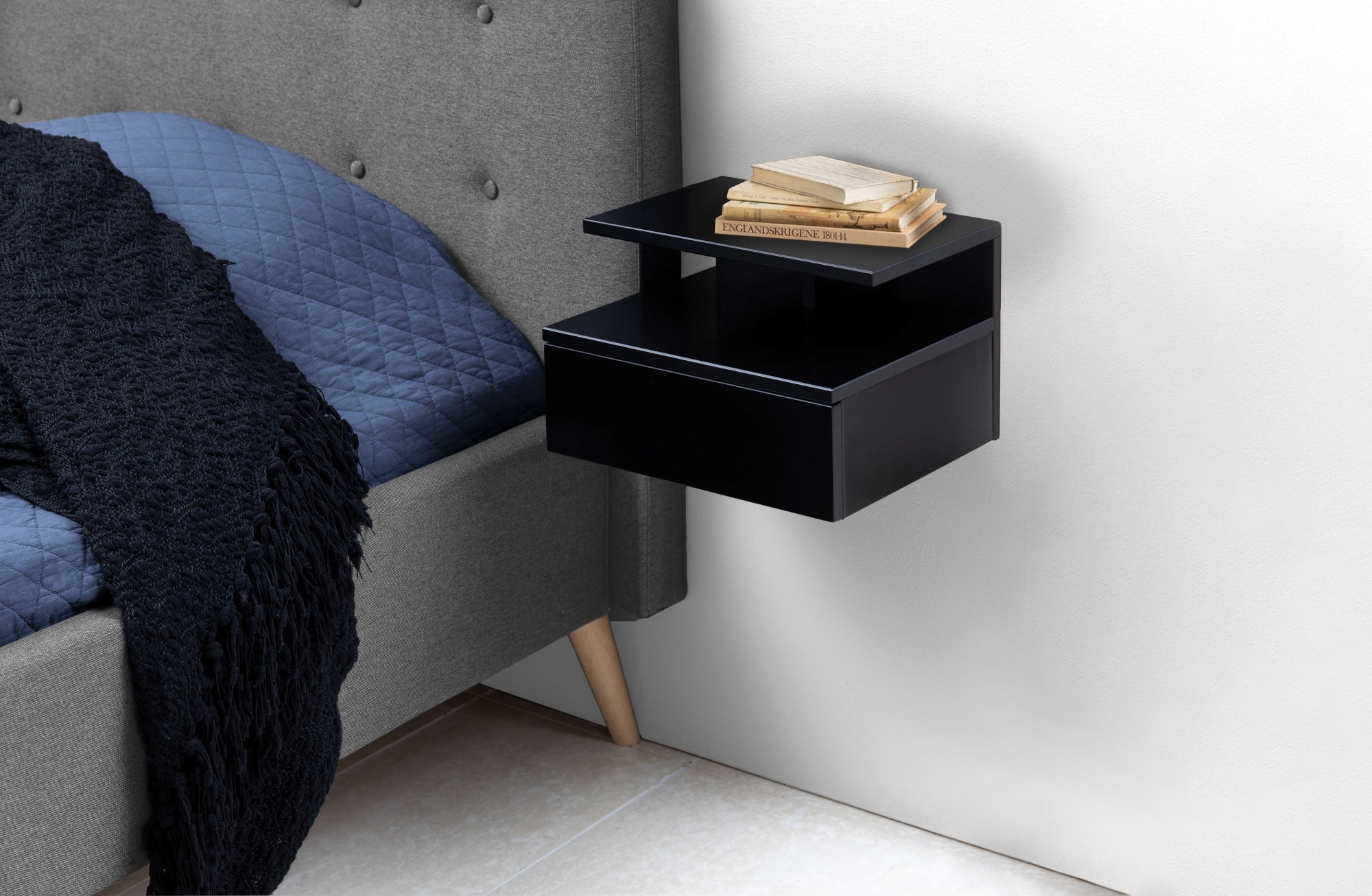 Ashlan Bedside Table with 1 Drawer in Black, Black
