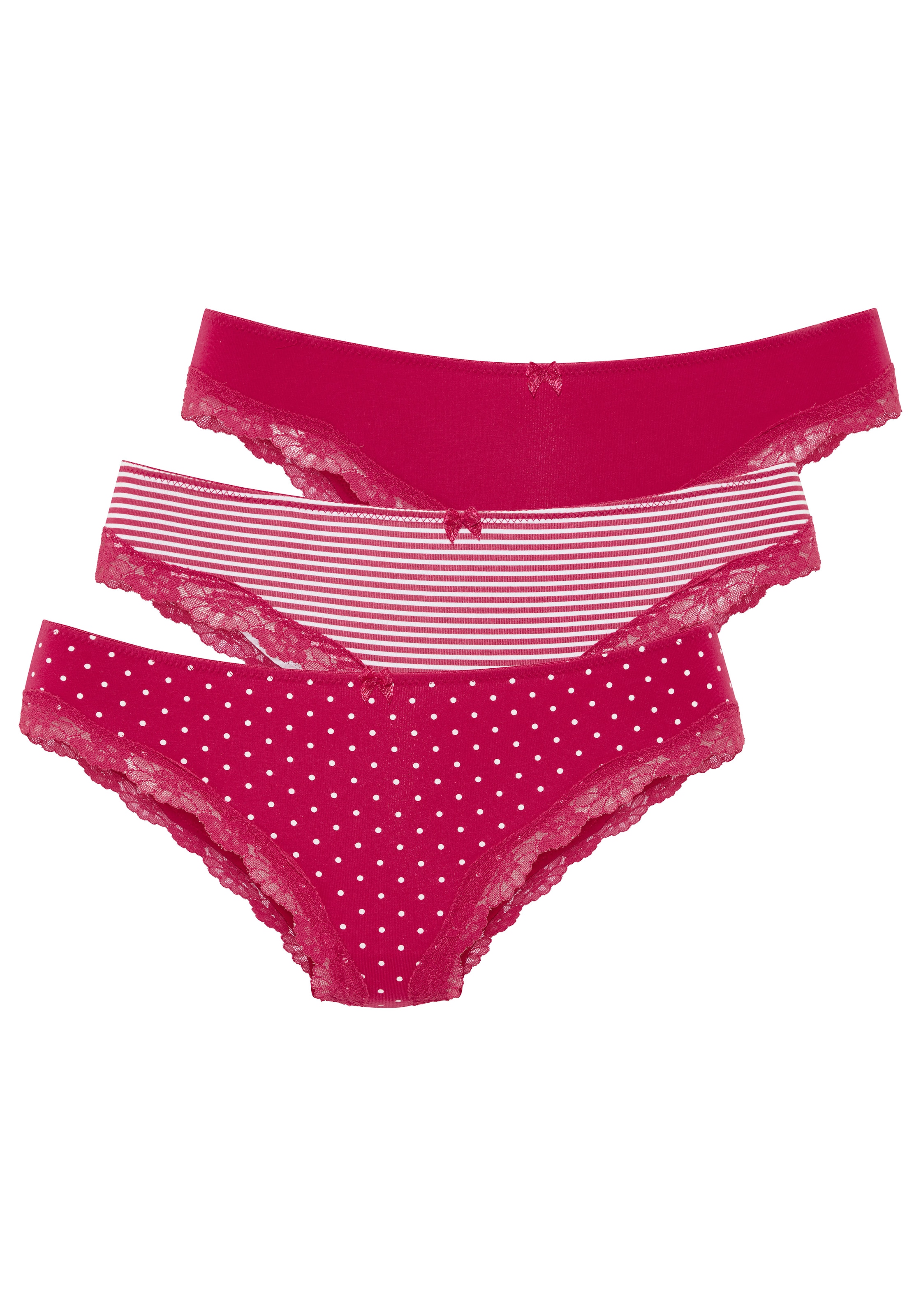 LASCANA Slip brésilien 3er-Pack,  aus elastischer Baumwolle mit zarter Spitze
