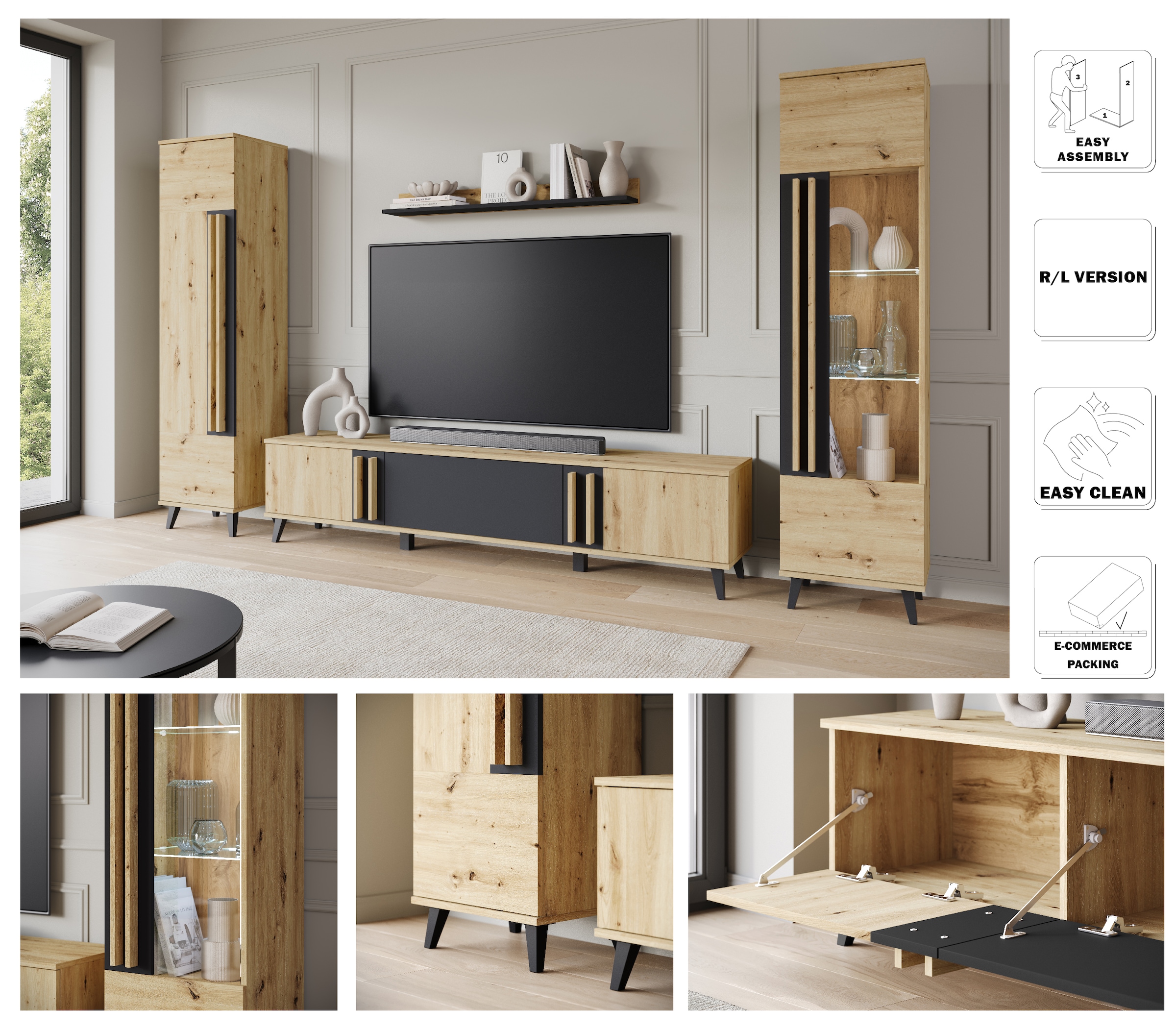 Home affaire Wohnwand »Helsinki, Modernes Set mit verglaster Vitrine« Komplett-Set, 4 Stk. tlg.