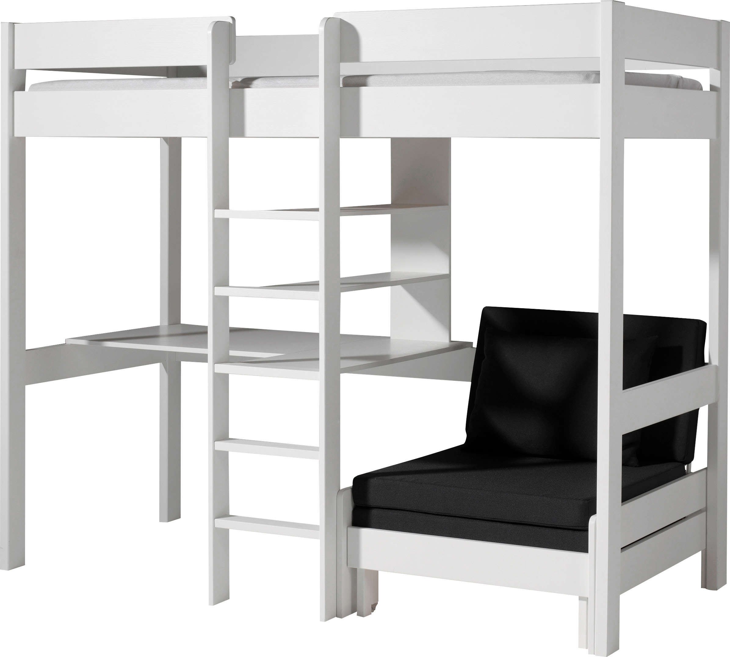 Vipack Hochbett »Pino, Kiefer massiv, viel Funktion auf kleinem Raum, Made in Europe« B/H/T ca. 208x175x105/206cm, inkl. Schlafsessel, Schreibtisch, Regal,  inkl. Rolllattenrost, Absturzschutz oben, 2 Farben zur Auswahl