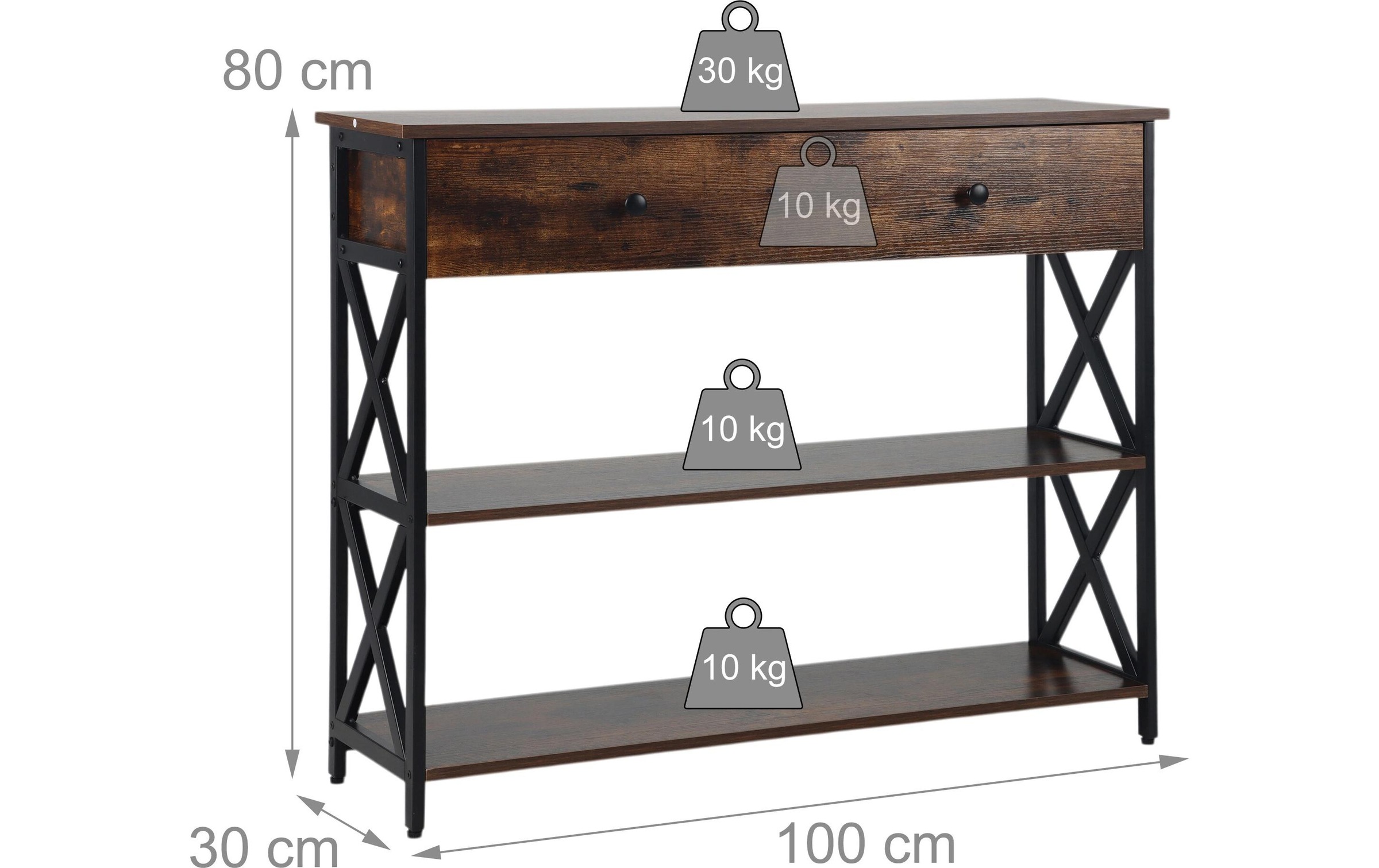 relaxdays Konsolentisch "80 x 100 x 30 cm" Schmale Flurkonsole mit Schublade und 3 Ablagen