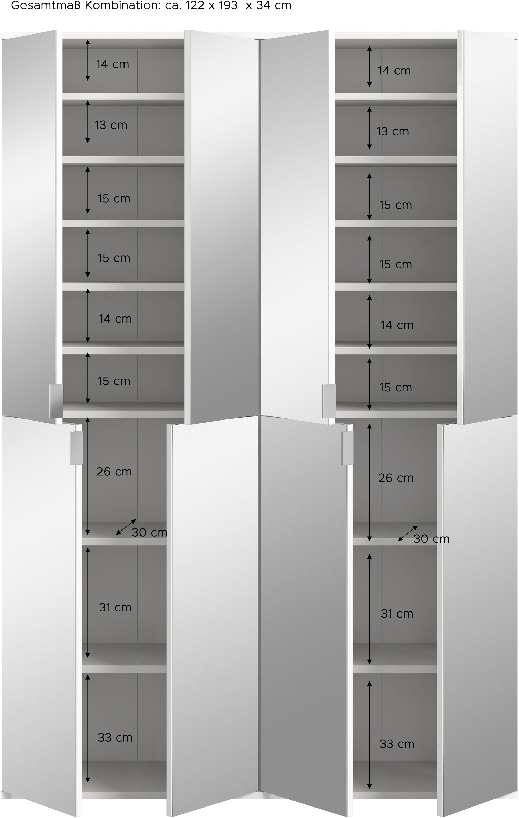 INOSIGN Garderoben-Set »Trondheim, Breite 122cm, best. aus 2 Schränken, 8 Türen, 18 Fächer«, (Set, 2 St.), inkl. ausziehbarer Kleiderstange, Garderobenschrank, Kleiderschrank