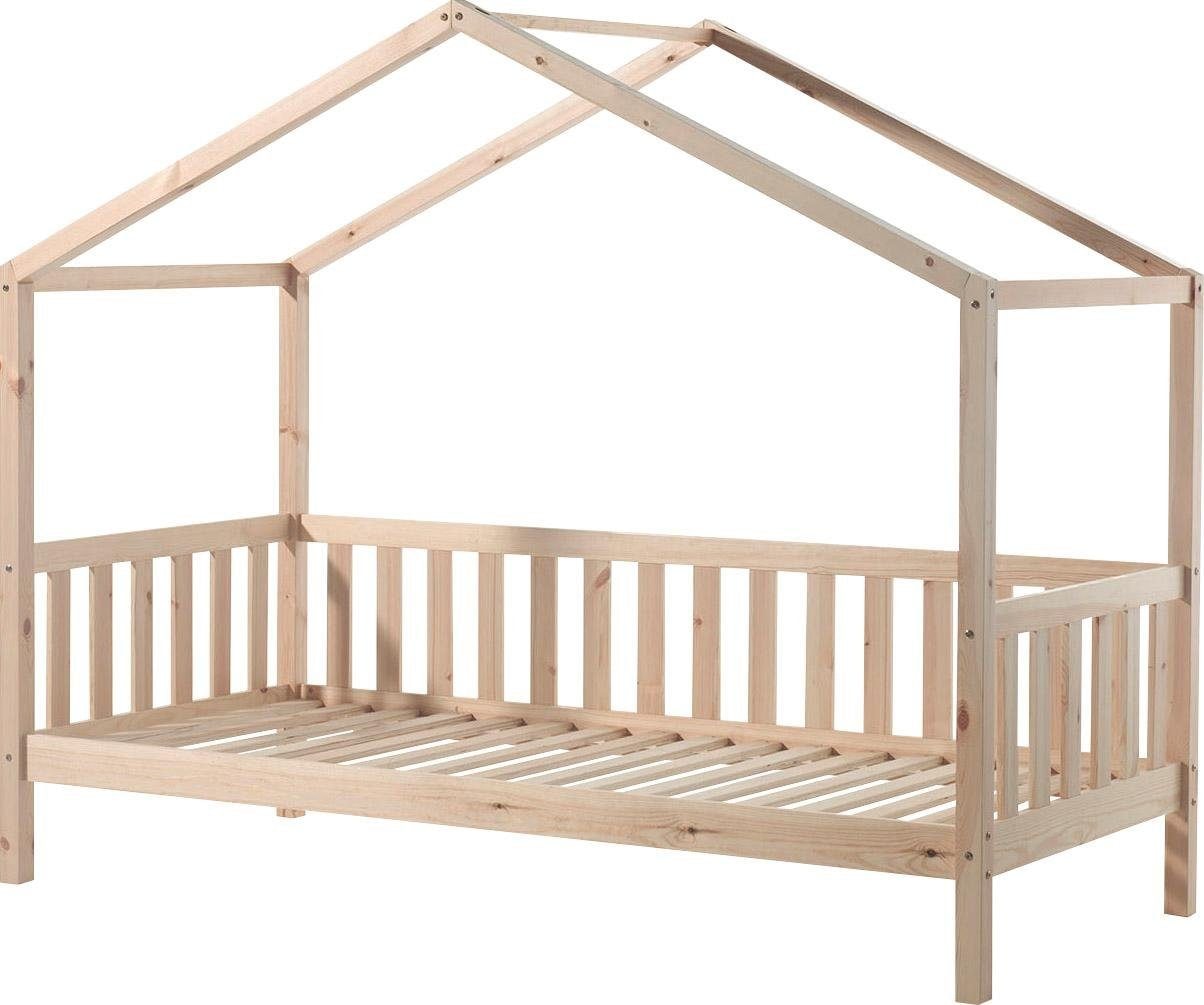 Vipack Hausbett »Dallas, mit Dachaufbau, Kiefer massiv, stabil gebaut« B/H/T ca. 210x170x97cm, mit Sprossenumrandung,  wahlweise mit oder ohne Bettschublade und Textilhimmel