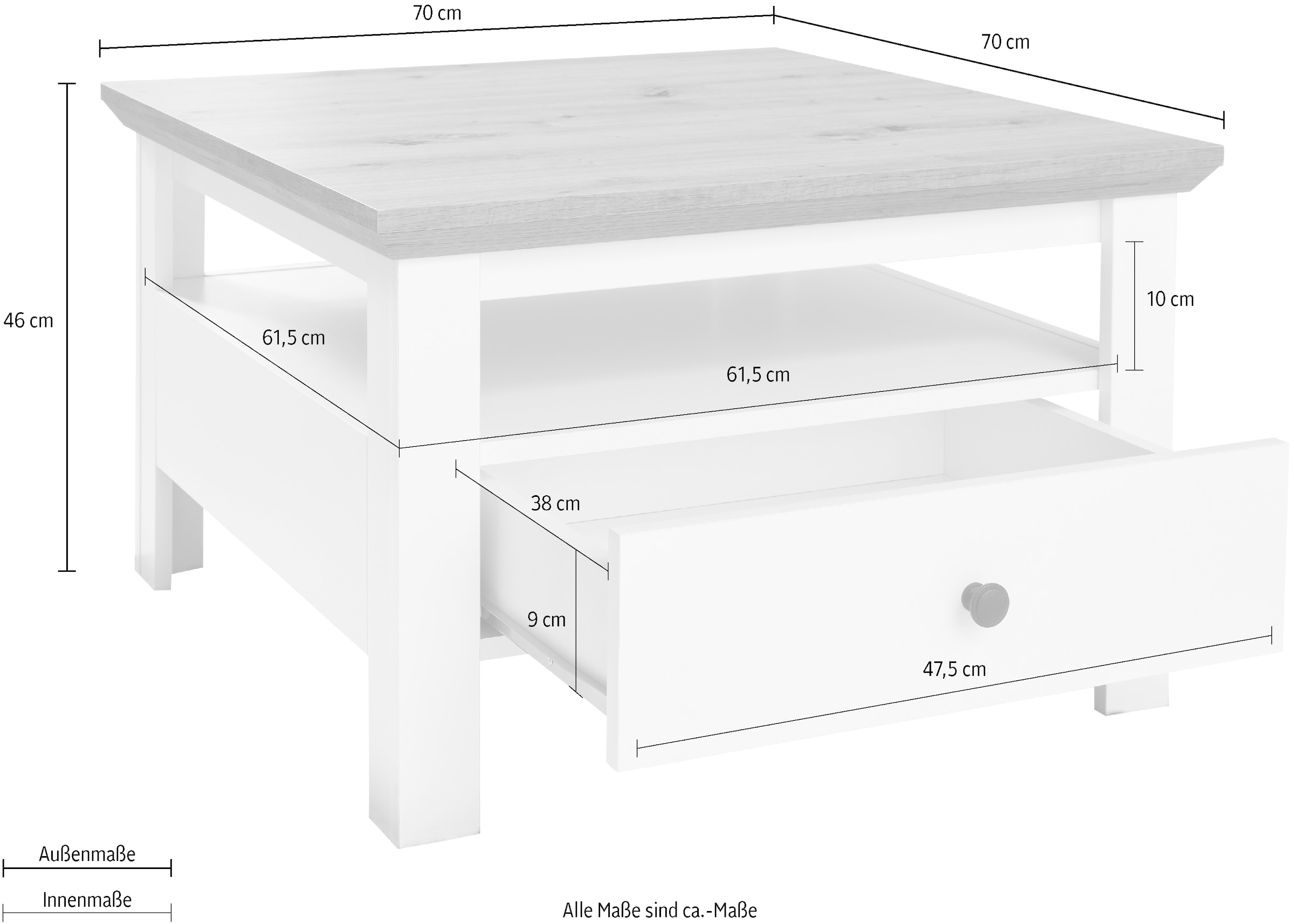 INOSIGN Couchtisch »Ulm«, Couchtisch mit Schublade & offenem Fach - (B/T/H) 70/70/46 cm