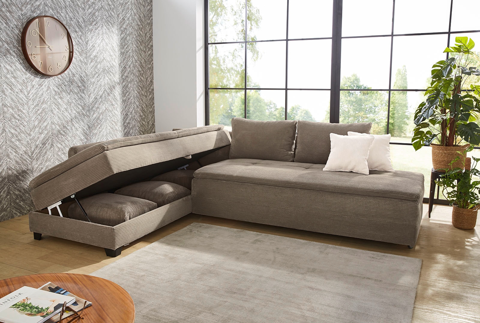 Jockenhöfer Gruppe Ecksofa »Madrid L-Form, B: 306 cm, Liegefl. 180x200 cm, Dauerschläfer« mit Bettfuntkion, Bettkasten, Topper & Regal, Boxspringbettaufbau