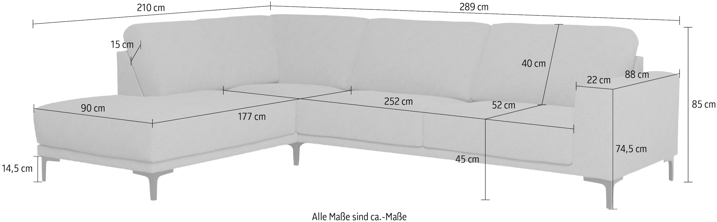 Places of Style Ecksofa »Xander, L-Form,«, Breite 289 cm, Webstoff, Soft-Touch Chenille, schwarze Metallfüsse