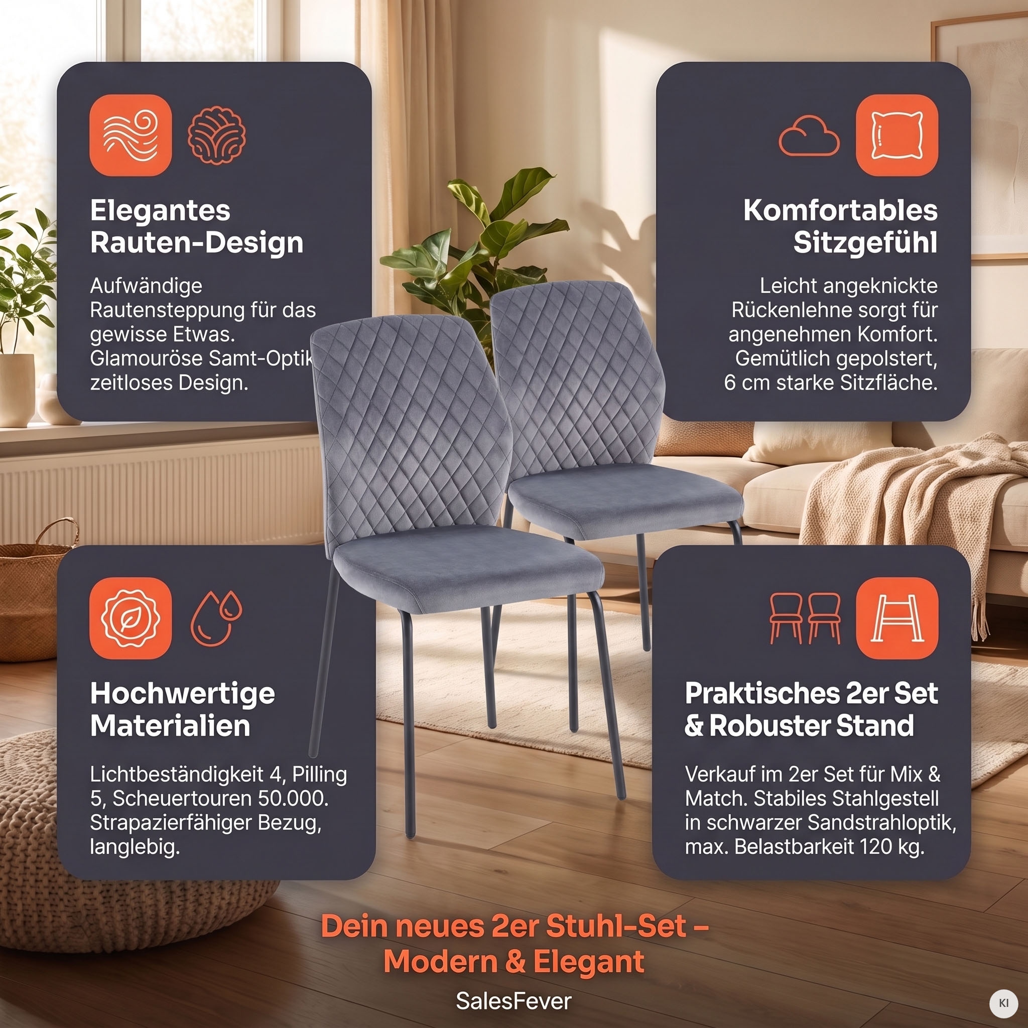 SalesFever 4-Fussstuhl »Esszimmerstuhl mit elegantem Stil« (Set) 2 Stk.2er Set mit eleganter Wabensteppung im Rücken