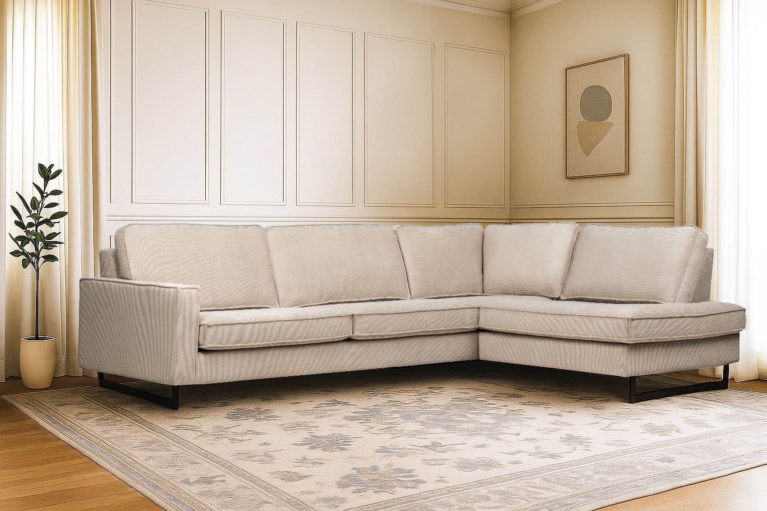 Home affaire Canapé d'angle »Pinto, 290 cm, Cord, Chenille, Lederoptik, Ottomane links / rechts« mit Keder, schwarze Metallfüsse, Wellenunterfederung