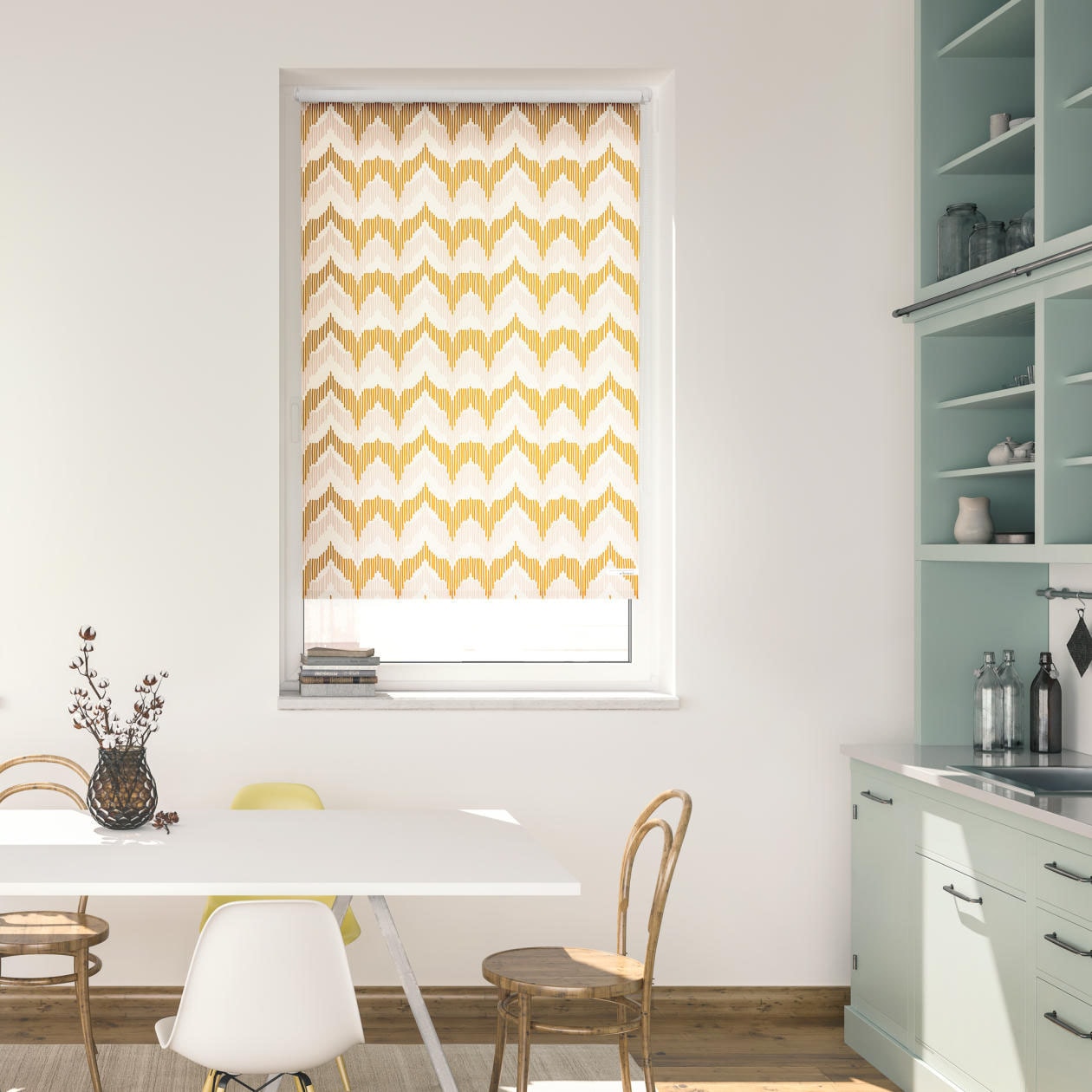Image of LICHTBLICK ORIGINAL Seitenzugrollo "Rollo Klemmfix, ohne Bohren, blickdicht, Boho Zig Zag - Gelb" blickdicht Blendschutz Sichtschutz freihängend