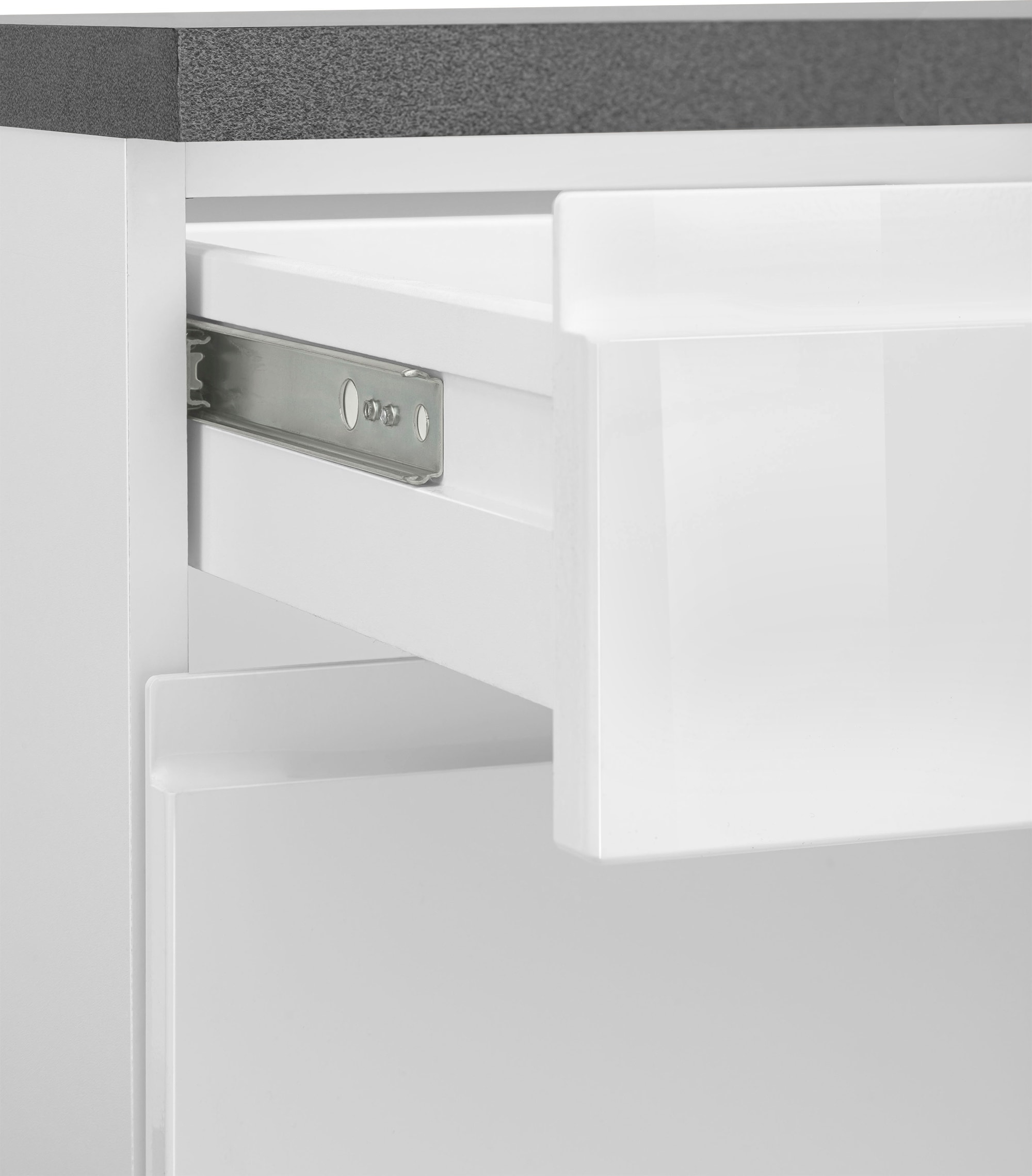 KOCHSTATION Küchenzeile »KS-Virginia,neu in verbesserter Ausführung« Arbeitsplatte 38 mm stark, Stauraum, Softclose,  Breite 280 cm, Soft-Close, wahlweise mit E-Geräten