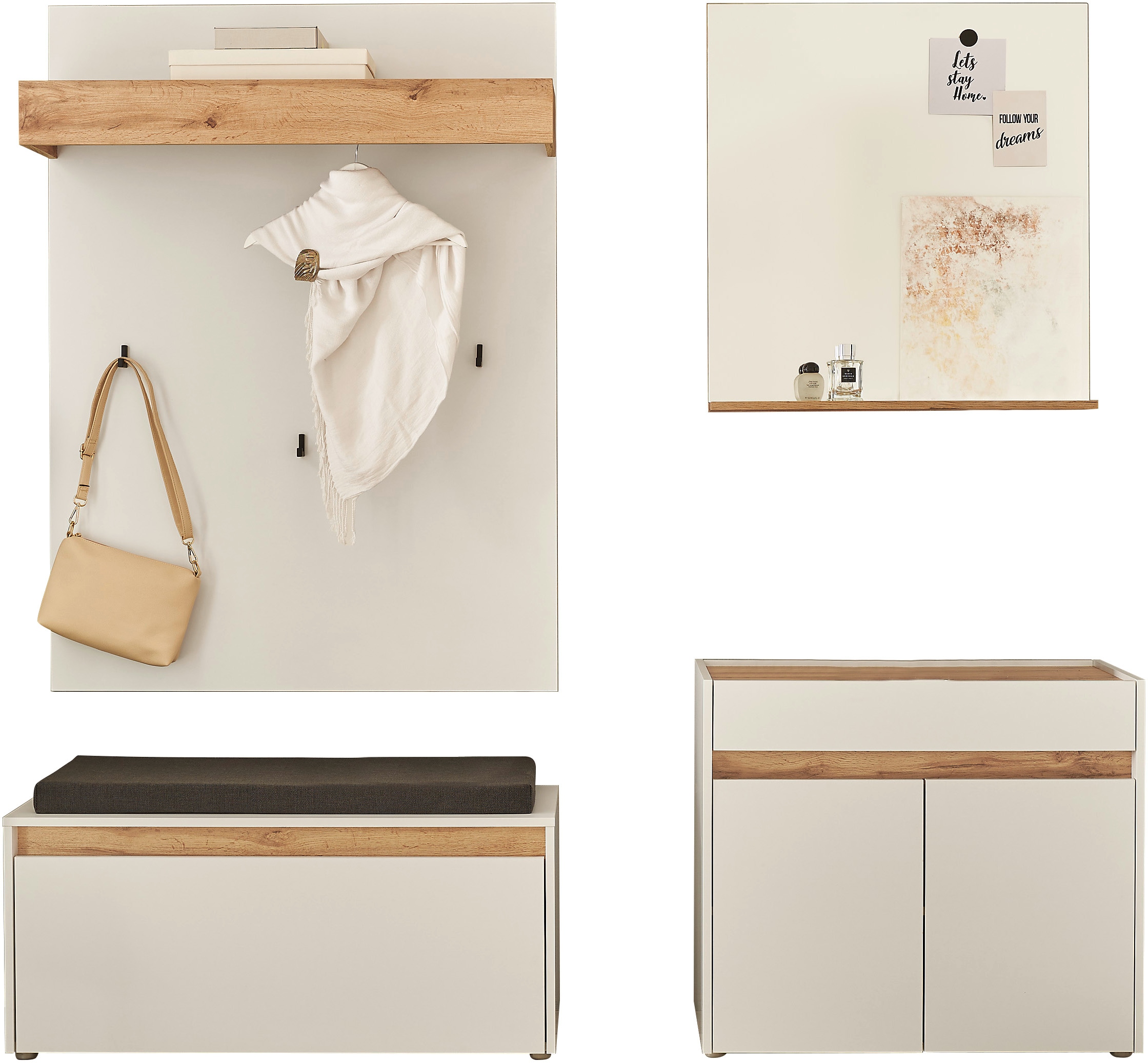 INOSIGN Garderoben-Set »GIRON/ CiTY, Garderobe in Wotan Eiche, moderner Garderobenschrank«, (Komplett-Set, 4 St.), enthält Kommode, Spiegel, Paneel & Schuhbank +Sitzkissen, 190 cm breit