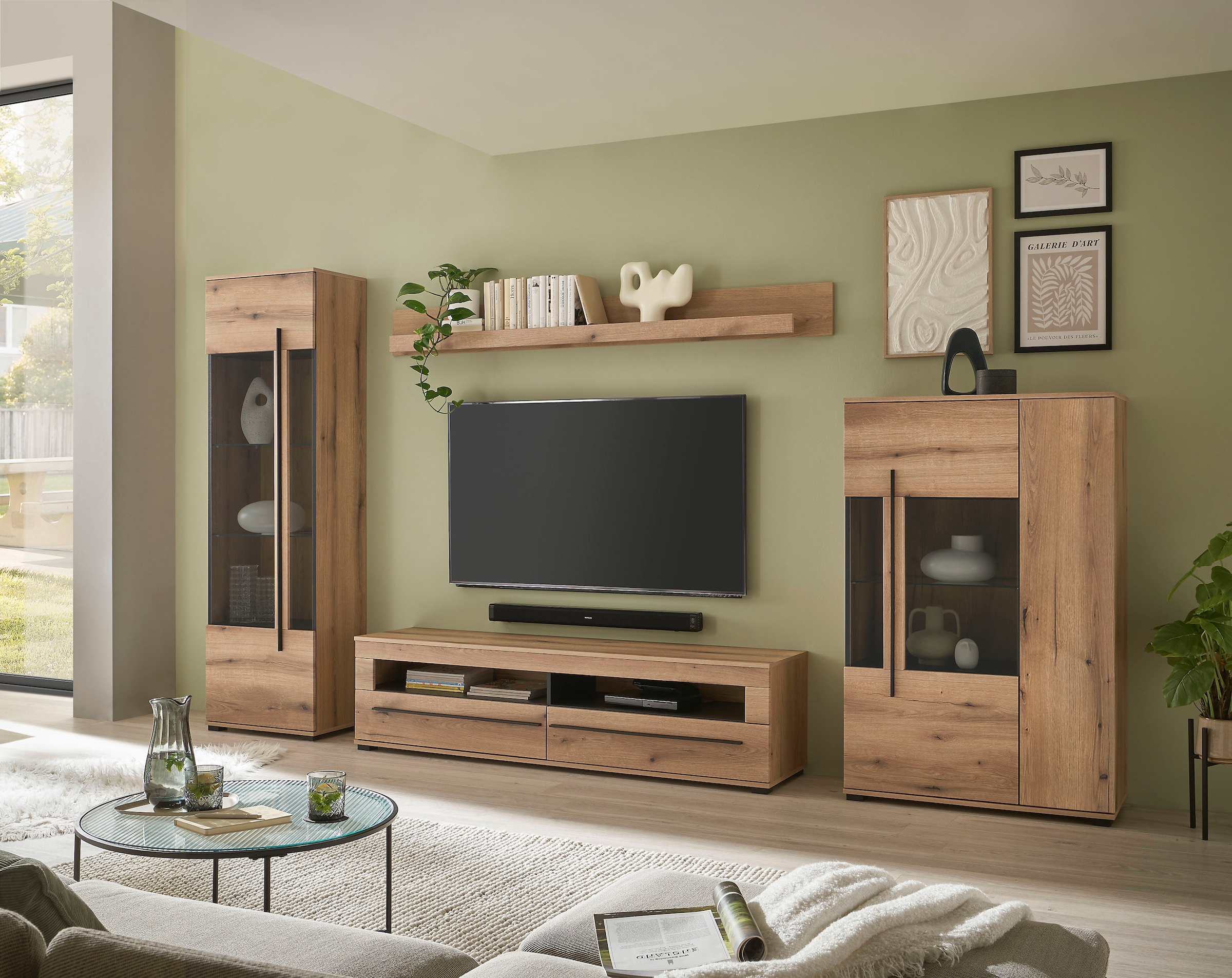 INOSIGN Wohnwand »Cantara, moderne Anbauwand, Wohnzimmer-Set, in Eiche Evoke oder Weiss«, (Set, 4 St.), enthält zwei Vitrinen, ein Lowboard und ein Wandboard