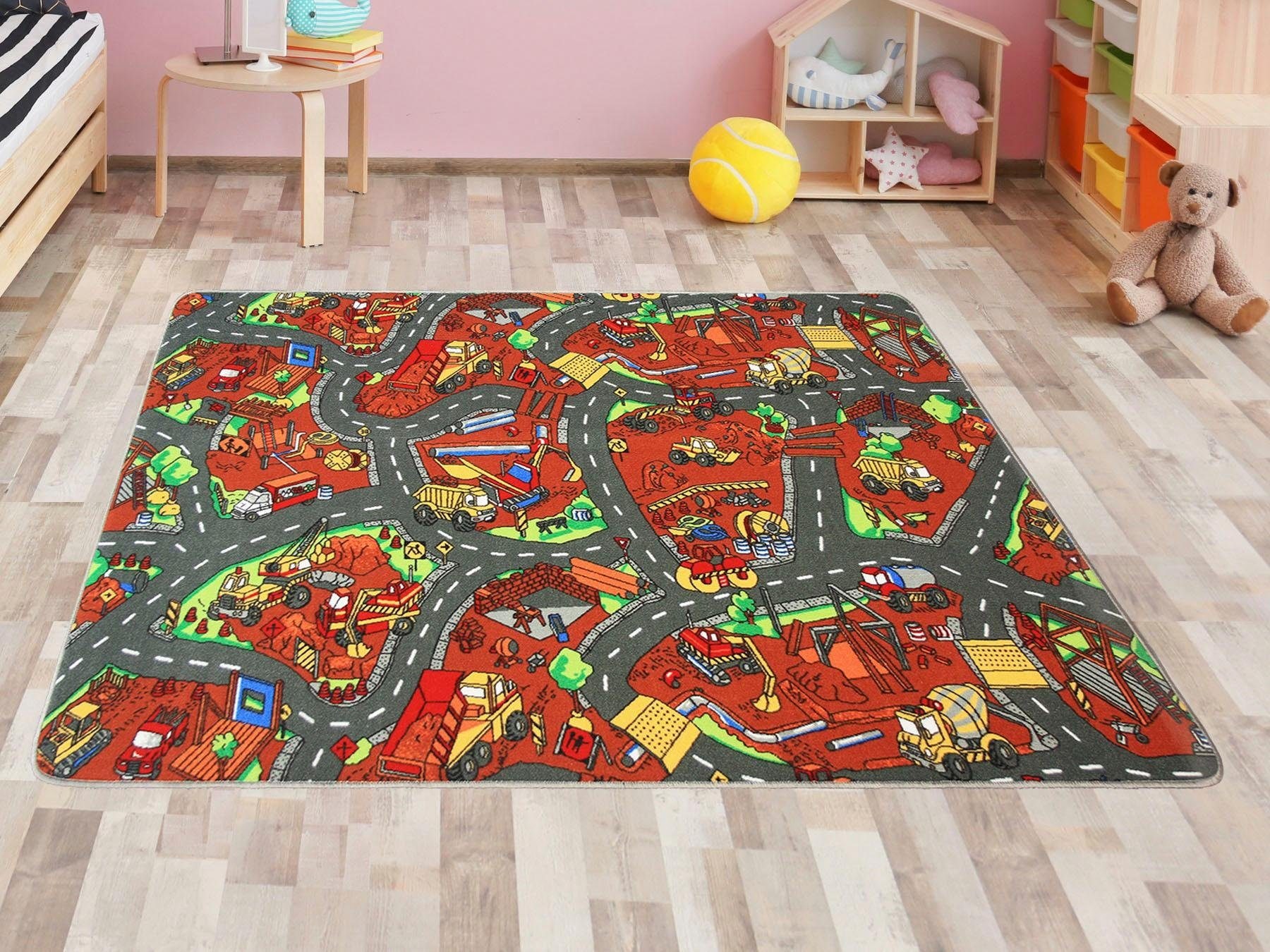 Primaflor-Ideen in Textil Kinderteppich »BAUSTELLE, Made in Belgium«, rechteckig, 5 mm Höhe, Strassen-Spiel-Teppich, Kinderzimmer