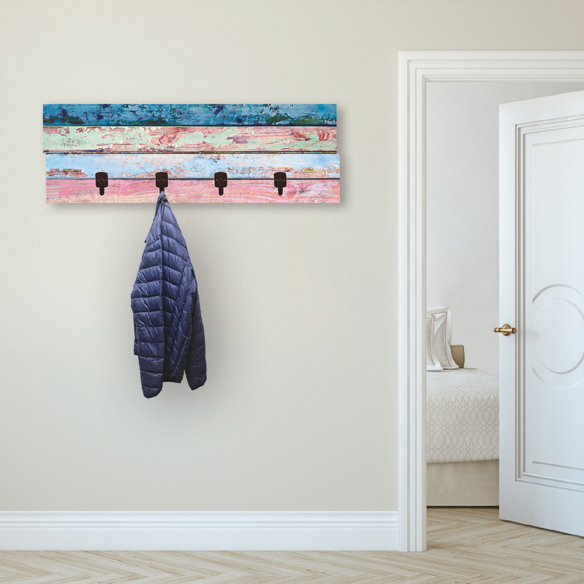 Image of Artland Garderobenleiste »Bunte Holzplanken«, platzsparende Wandgarderobe aus Holz mit 4 Haken, geeignet für kleinen, schmalen Flur, Flurgarderobe bei Ackermann Versand Schweiz