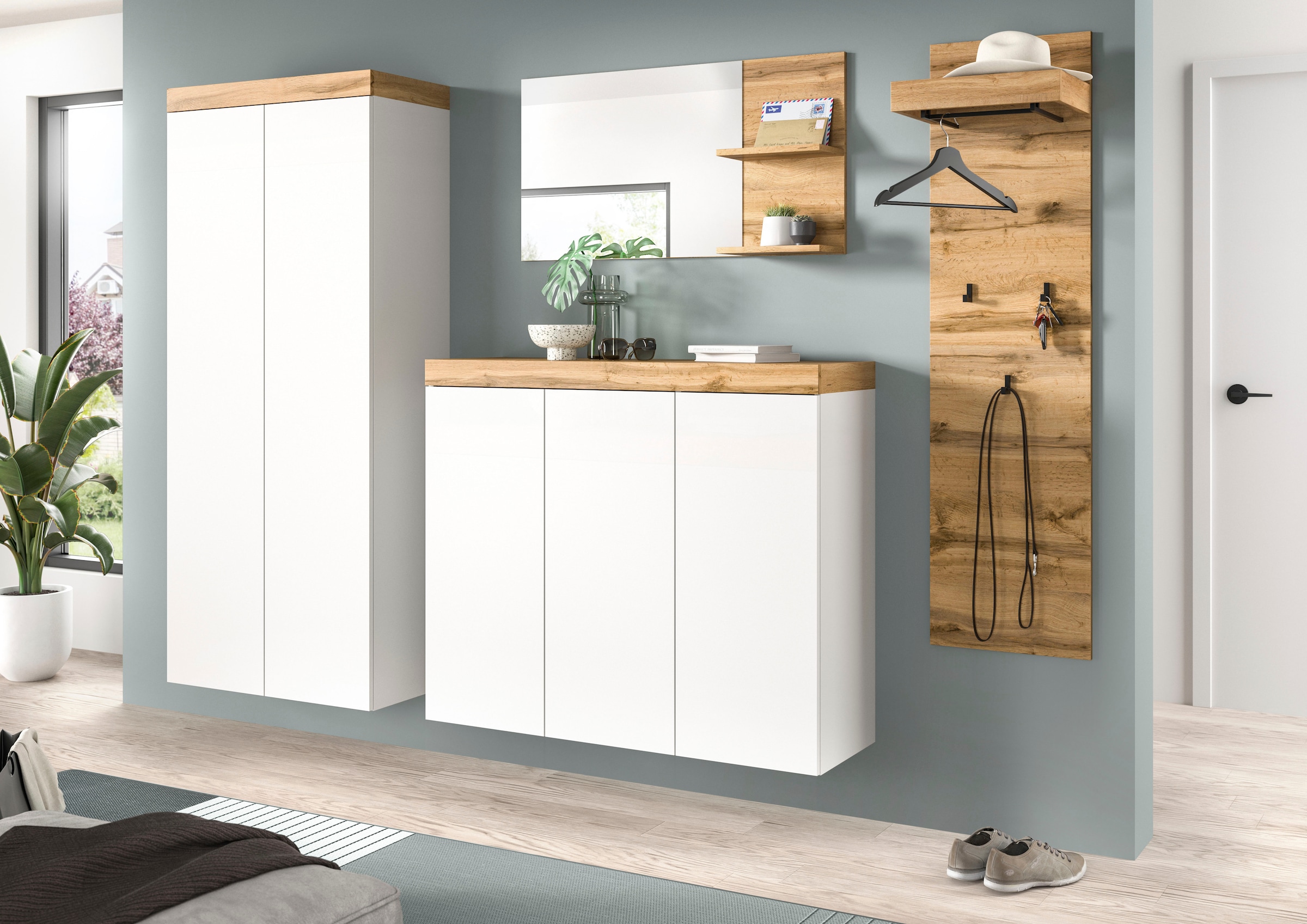 GOODproduct Ensemble de vestiaires »MAMBO, TOPSELLER!, 3-teilige Kombination, stehend & hängend montierbar« bestehend aus: Kommode, Spiegel, Garderobenpaneel, 3 cuis tlg.