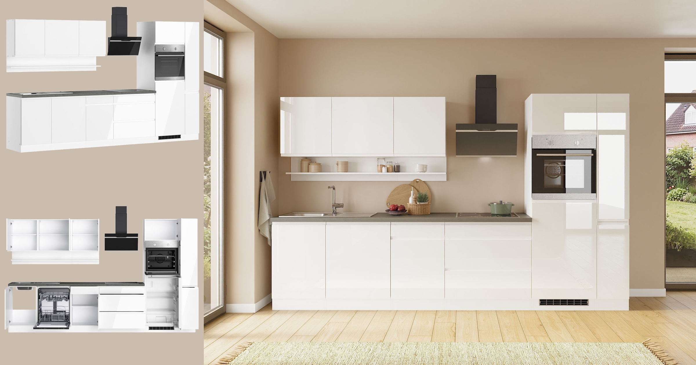 KOCHSTATION Kitchenette »KS-Virginia,neu in verbesserter Ausführung« plan de travail épaisseur 38 mm, rangement, fermeture douce,  largeur 330 cm, soft-close, sans appareils électriques