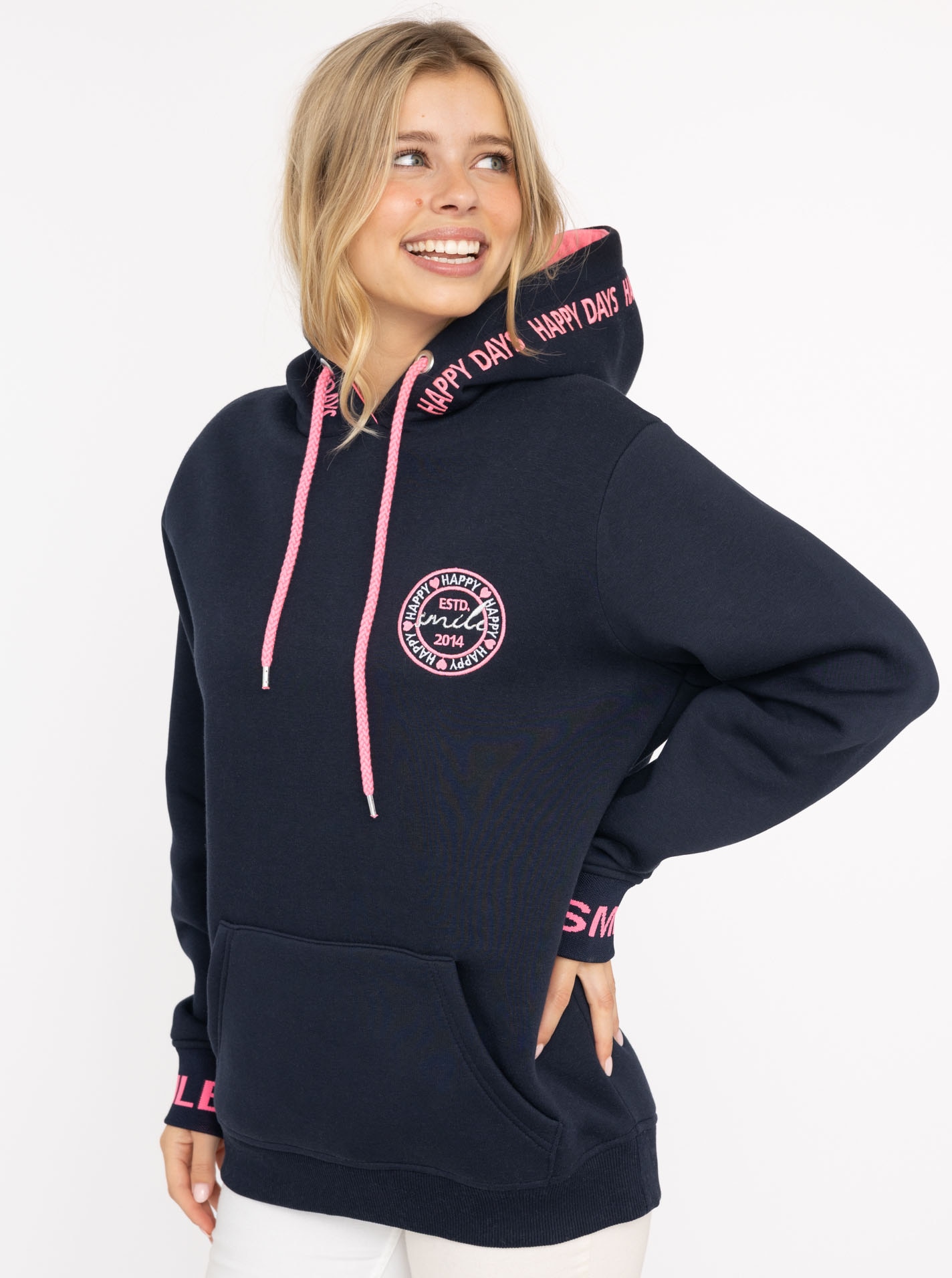 Image of Zwillingsherz Hoodie ""Happy Days"", gestickte pinke Details, Kapuze, Kordelzug, Tasche vorne, Rippbündchen