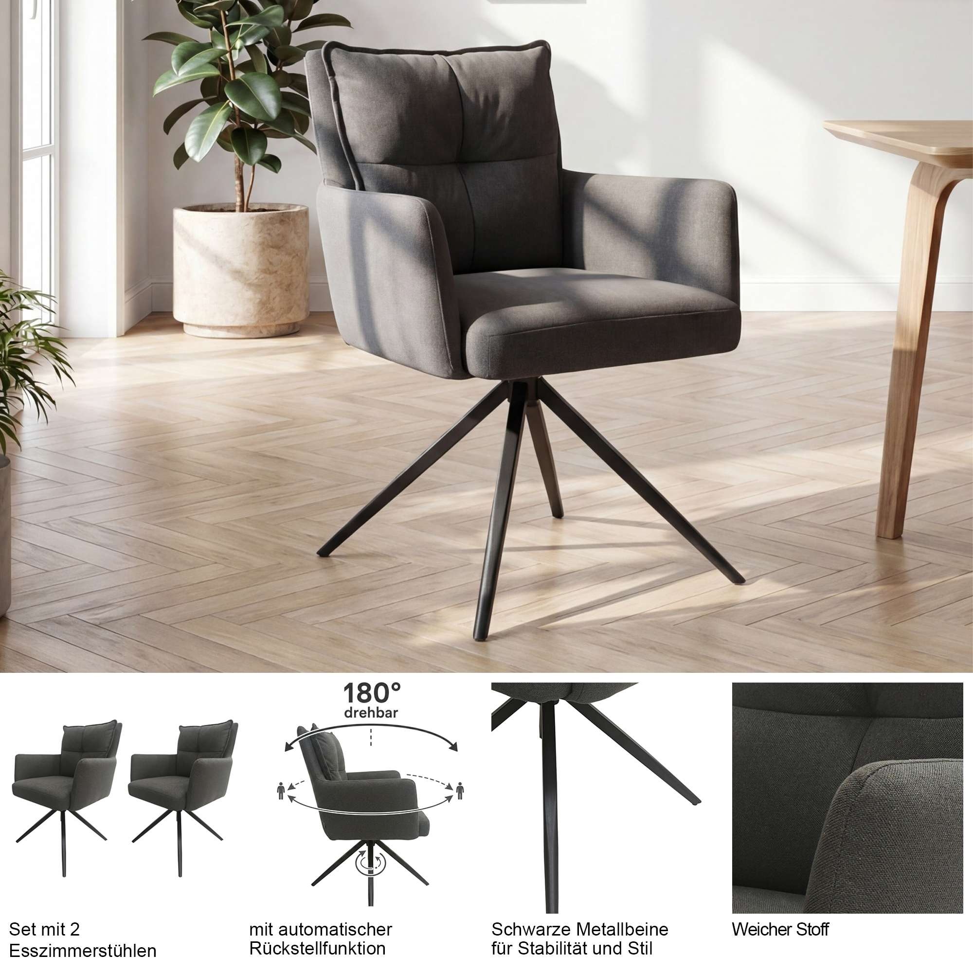 GOODproduct Esszimmerstuhl »Chiani« () 2 Stk.180° Auto Rückkehr, gepolsterte Rückenlehne, Armlehne und Sitzfläche