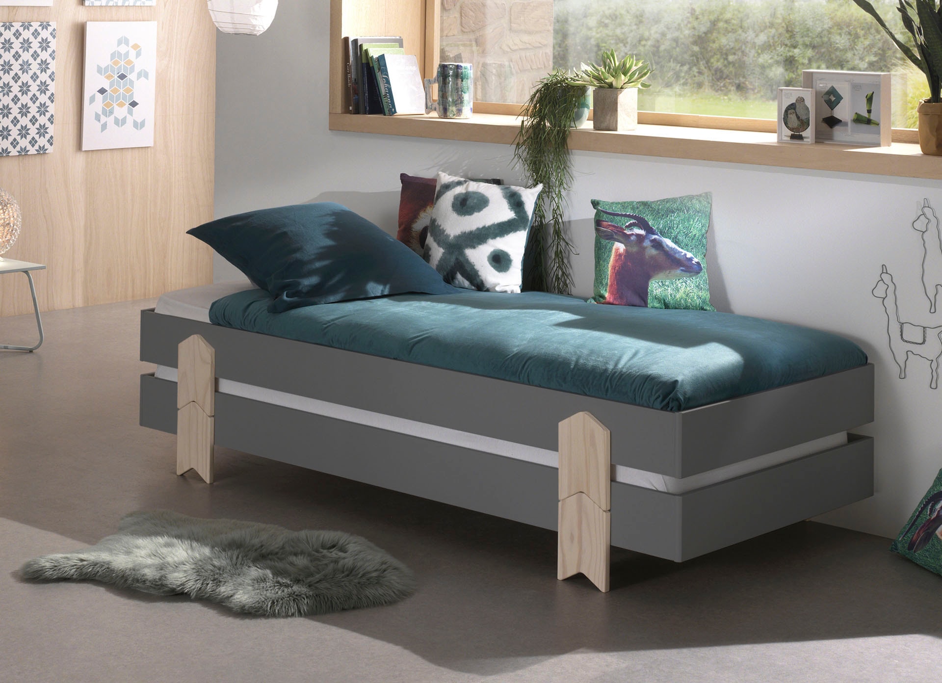 Vipack Lit d'enfant »Modulo« Fabriqué en Europe,  lit pour jeunes, lit simple, lit superposé avec pieds en forme de flèche