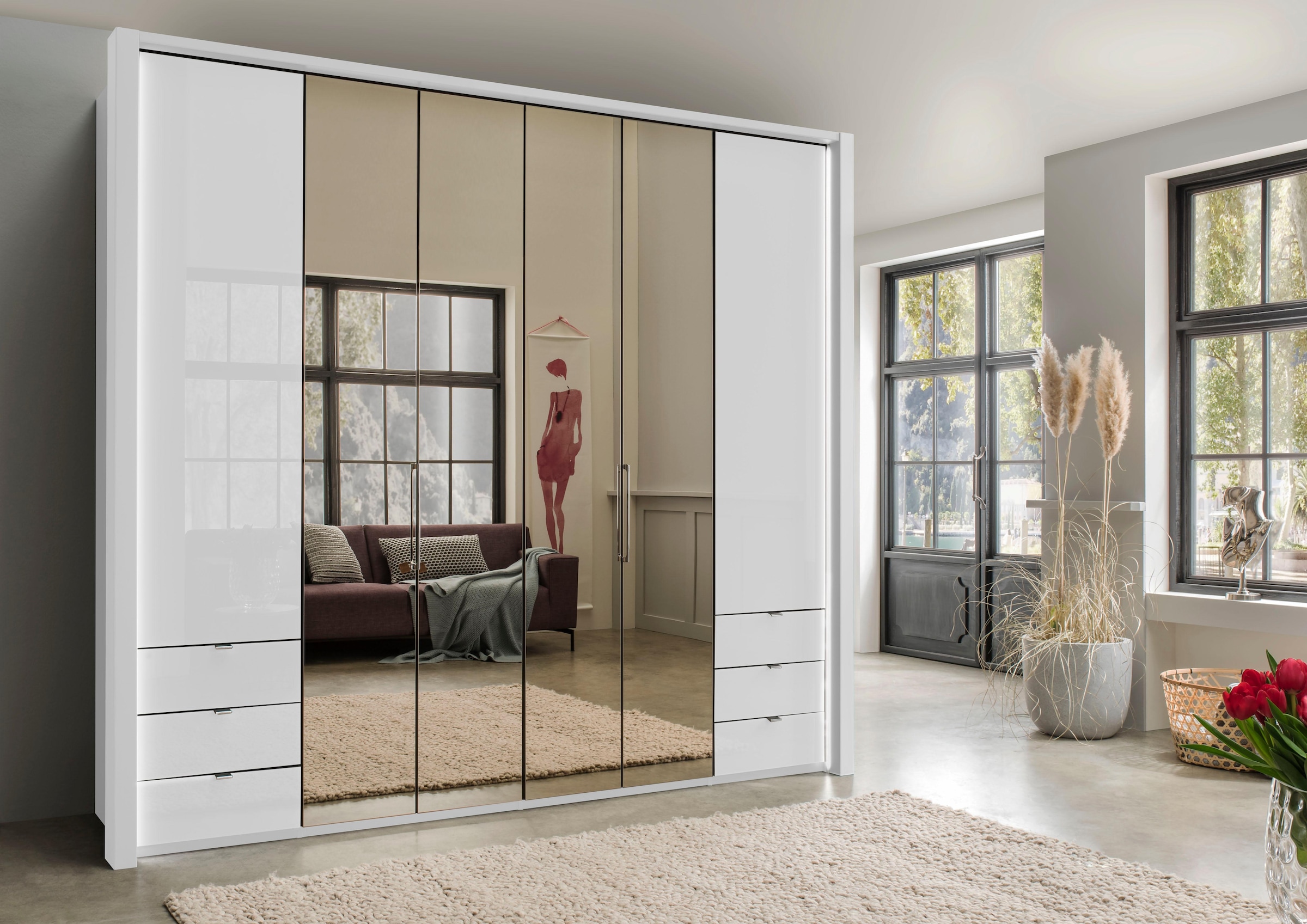 WIEMANN Falttürenschrank »Kansas, Kleiderschrank, Schrank, Wäscheschrank, mit Glas und Spiegel«, (2 Breiten, 2 Höhen 216/236 cm auswählbar, MADE IN GERMANY), inkl. gepämpften Schubkästen und Türen, mit Panoramaöffnung