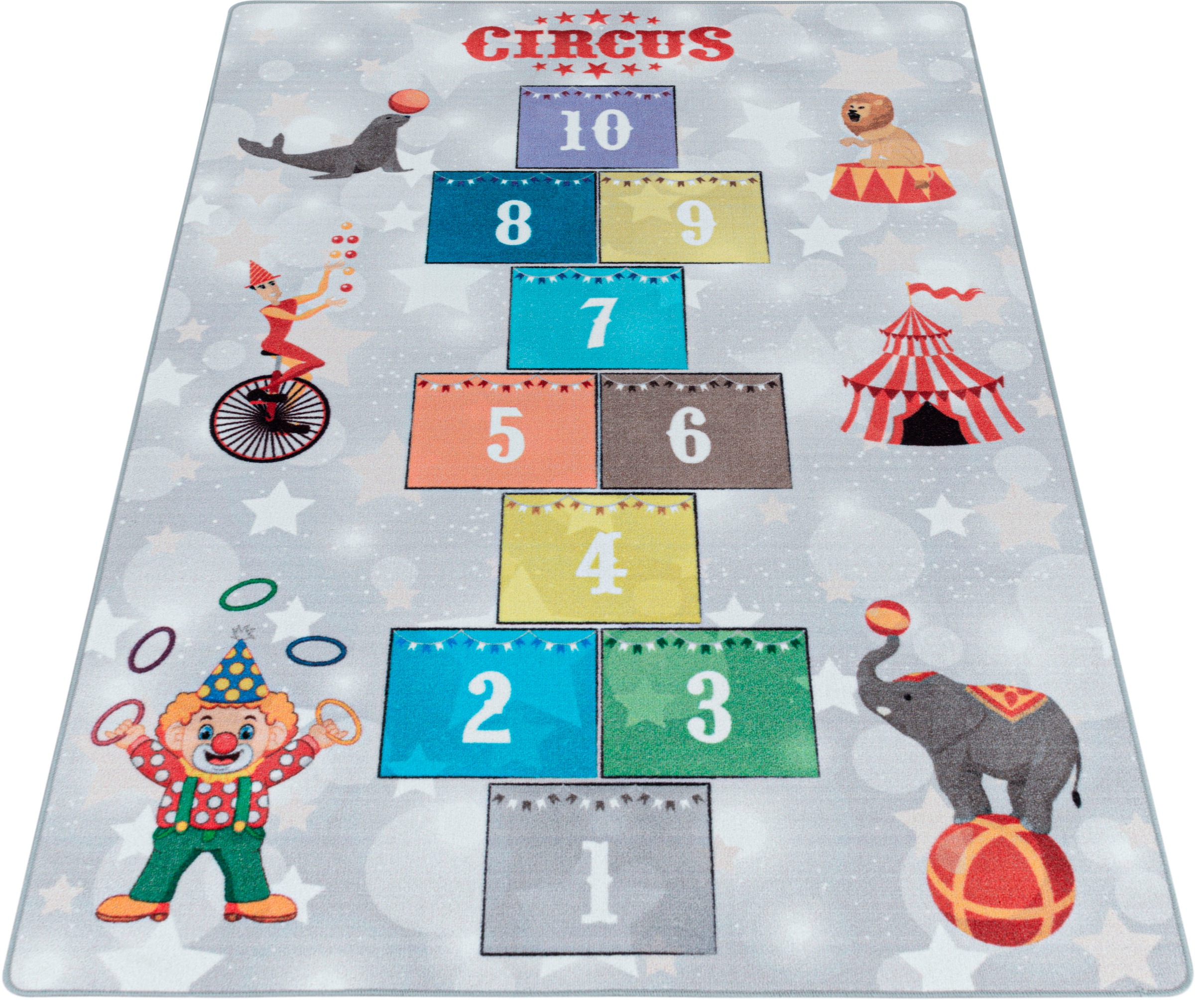 Image of Ayyildiz Teppiche Kinderteppich »PLAY«, rechteckig, 6 mm Höhe, robuster Kurzflor,Zirkus, Zahlen Spiele Hüpf Teppich,Kinderzimmer bei Ackermann Versand Schweiz