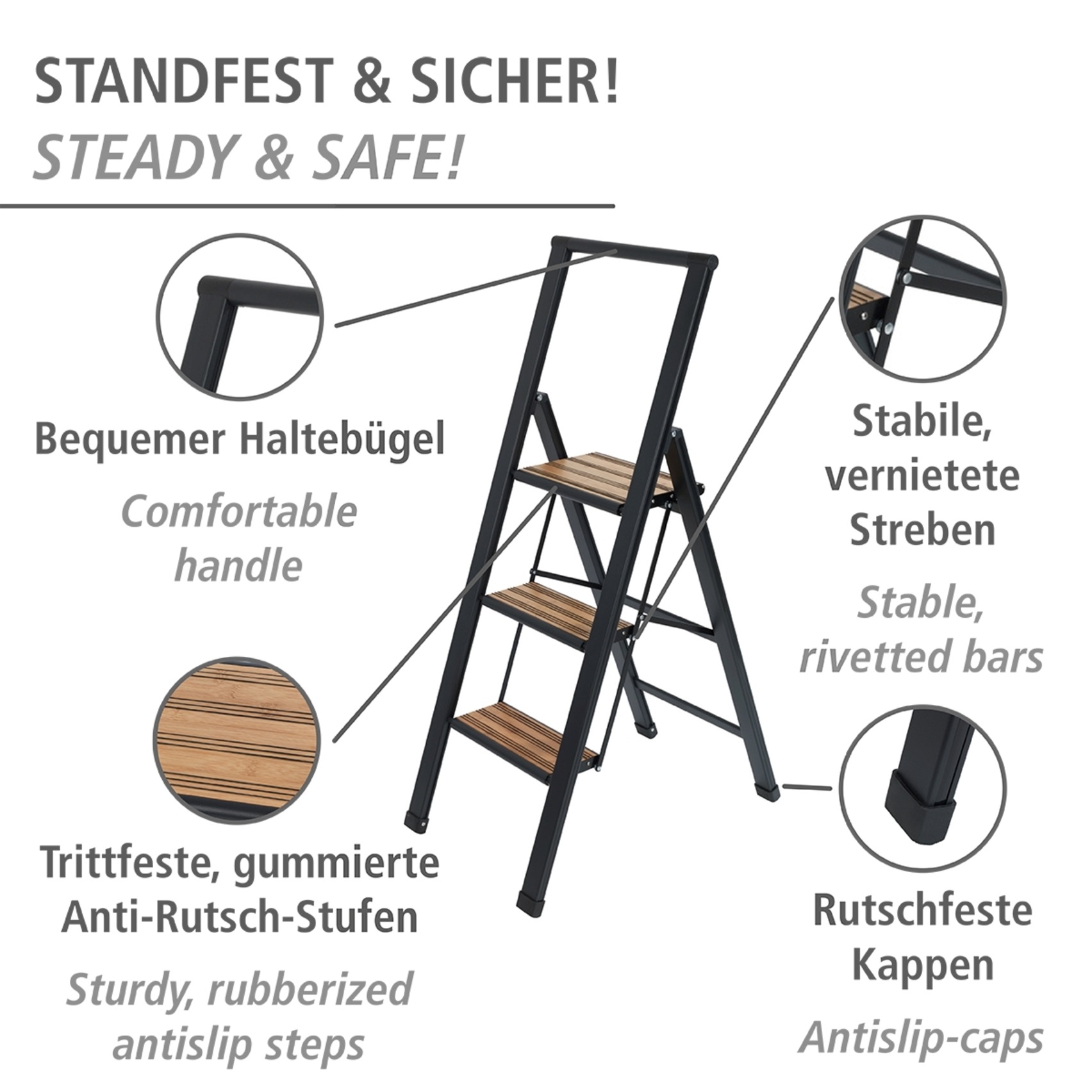 WENKO Escabeau »Modell Alu-Design« rutschsichere XXL-Stufen, robustes Aluminium in Kombination mit Bambus