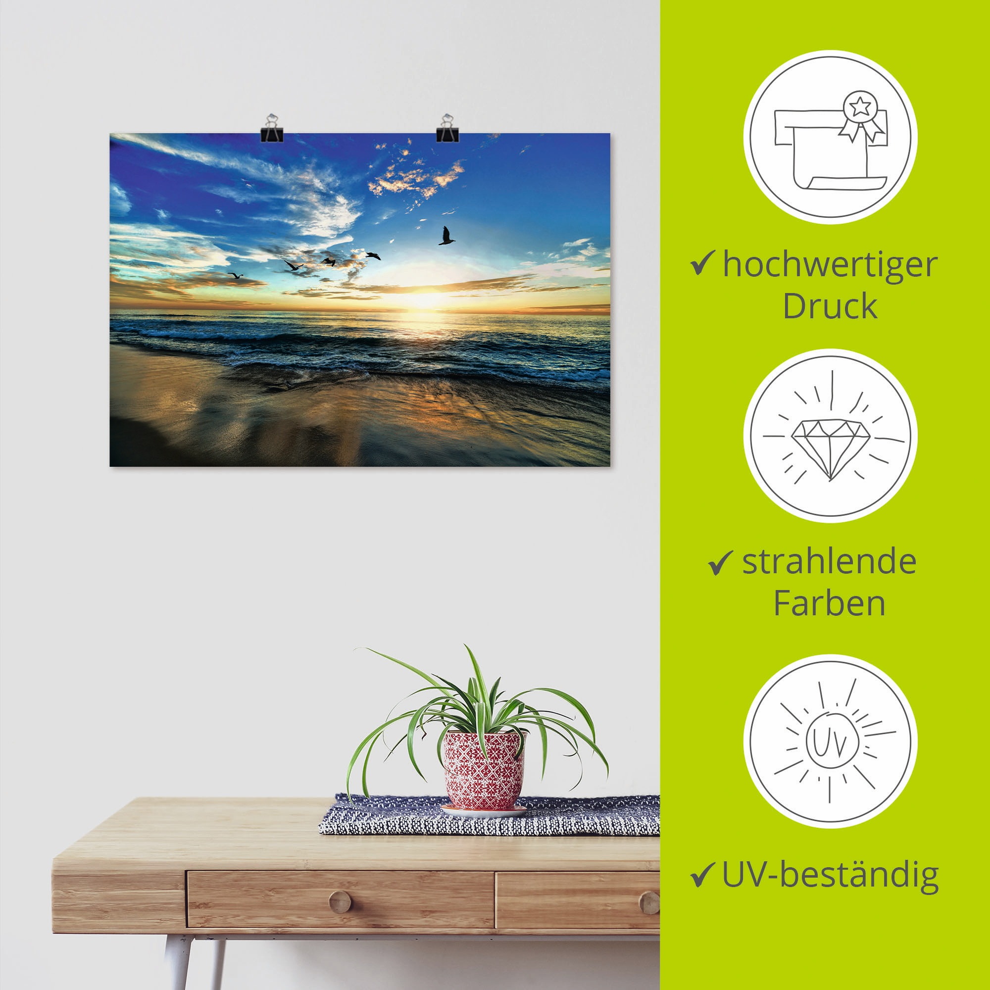 Artland Wandbild »Strand Möwen Meer Sonnenuntergang« Sonnenaufgang & -untergang 1 Stk. tlg. als Alubild, Outdoorbild, Leinwandbild, Poster, Wandaufkleber