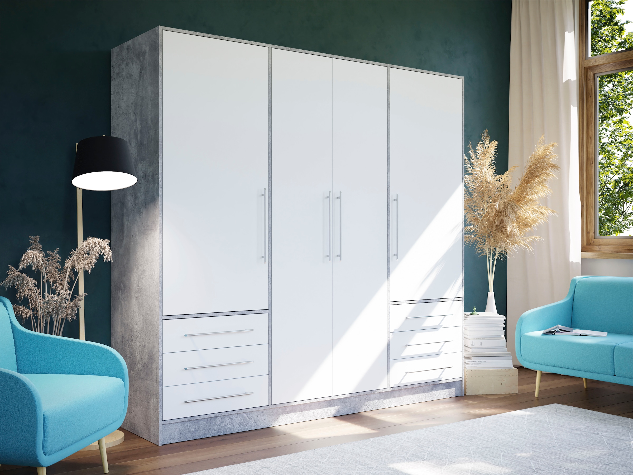 FORTE Kleiderschrank »Jupiter, Made in Europe, mit  6 Schubladen, Stauraum« Masse B/H/T ca. 207/200 cm/60,  Stauraum, 2 Breiten, 4 Farben, Schubladen, variable Einlegeböden