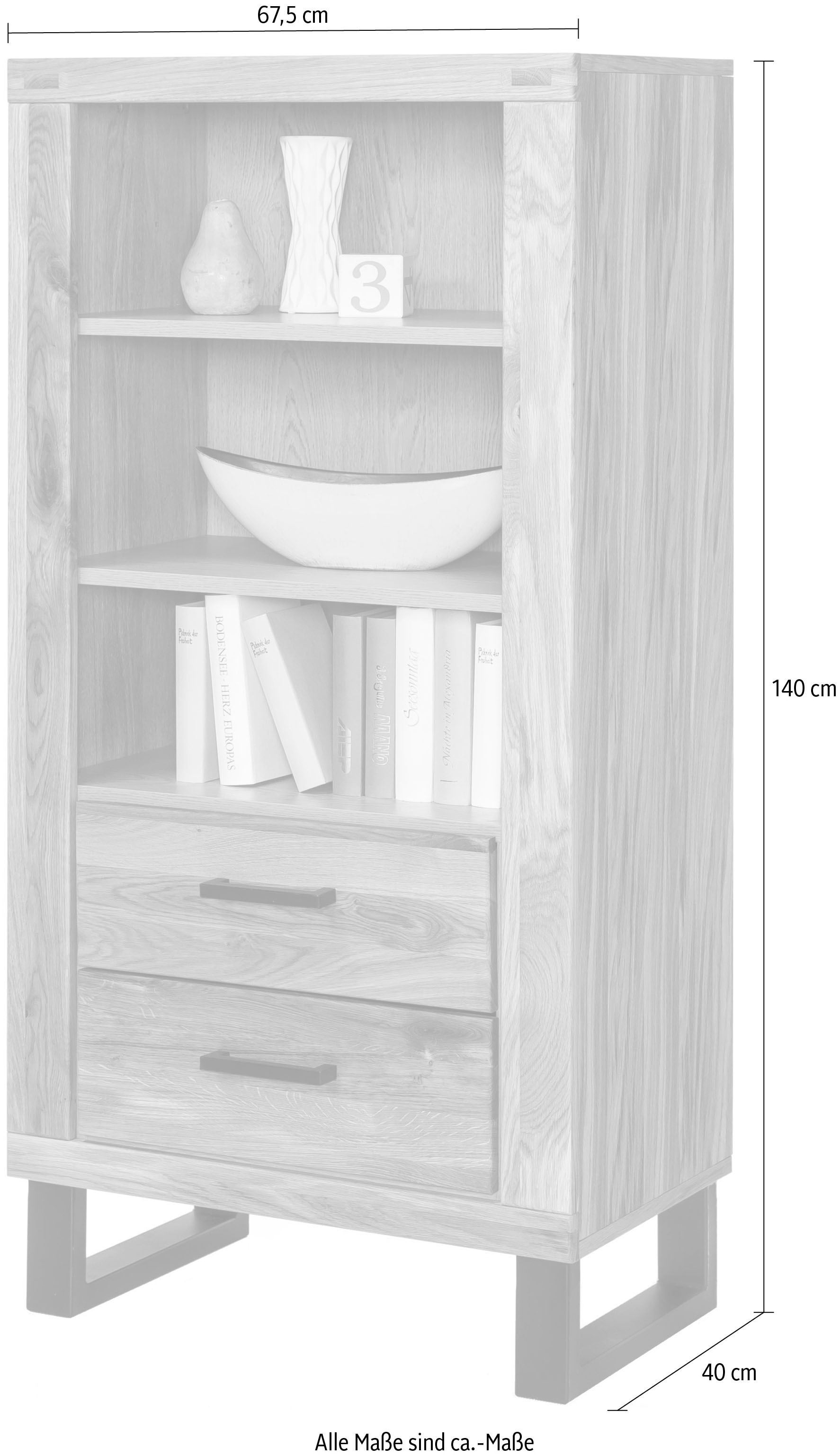 Home affaire Vitrine Metallfüsse im Industrie-Design, Eiche Teilmassiv, viel Stauraum