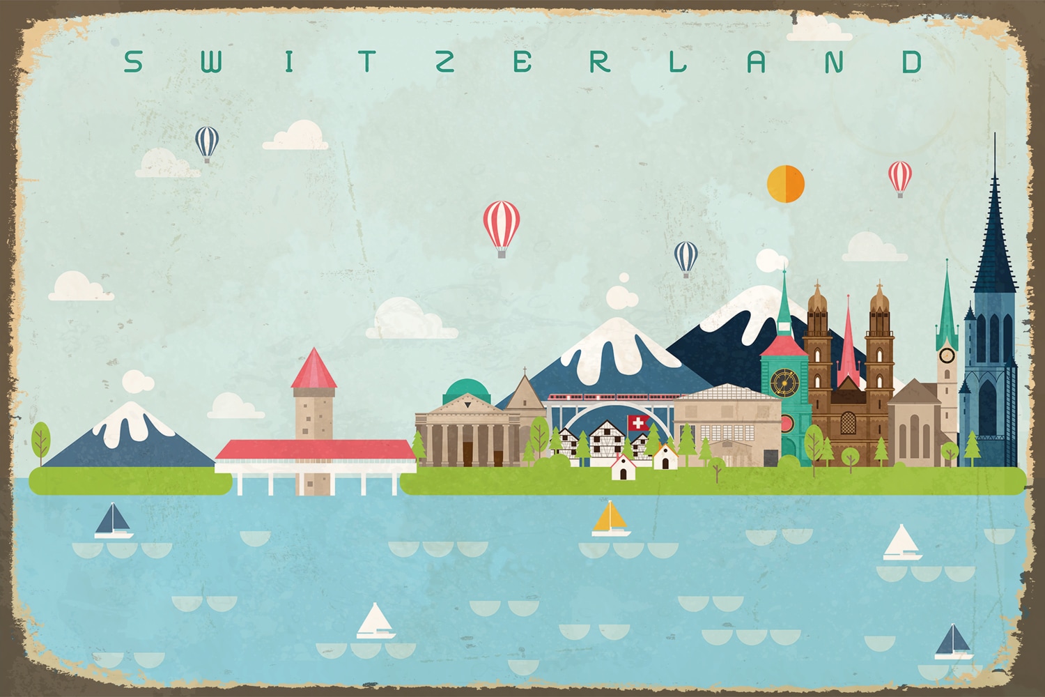 Image of queence Metallbild "SWITZERLAND BALLON" Berge & Alpenbilder Schriftzug Schriftzüge Schweiz Sprüche Sprüche & Texte Vintage Stahlschild, Blechschild, Schweiz