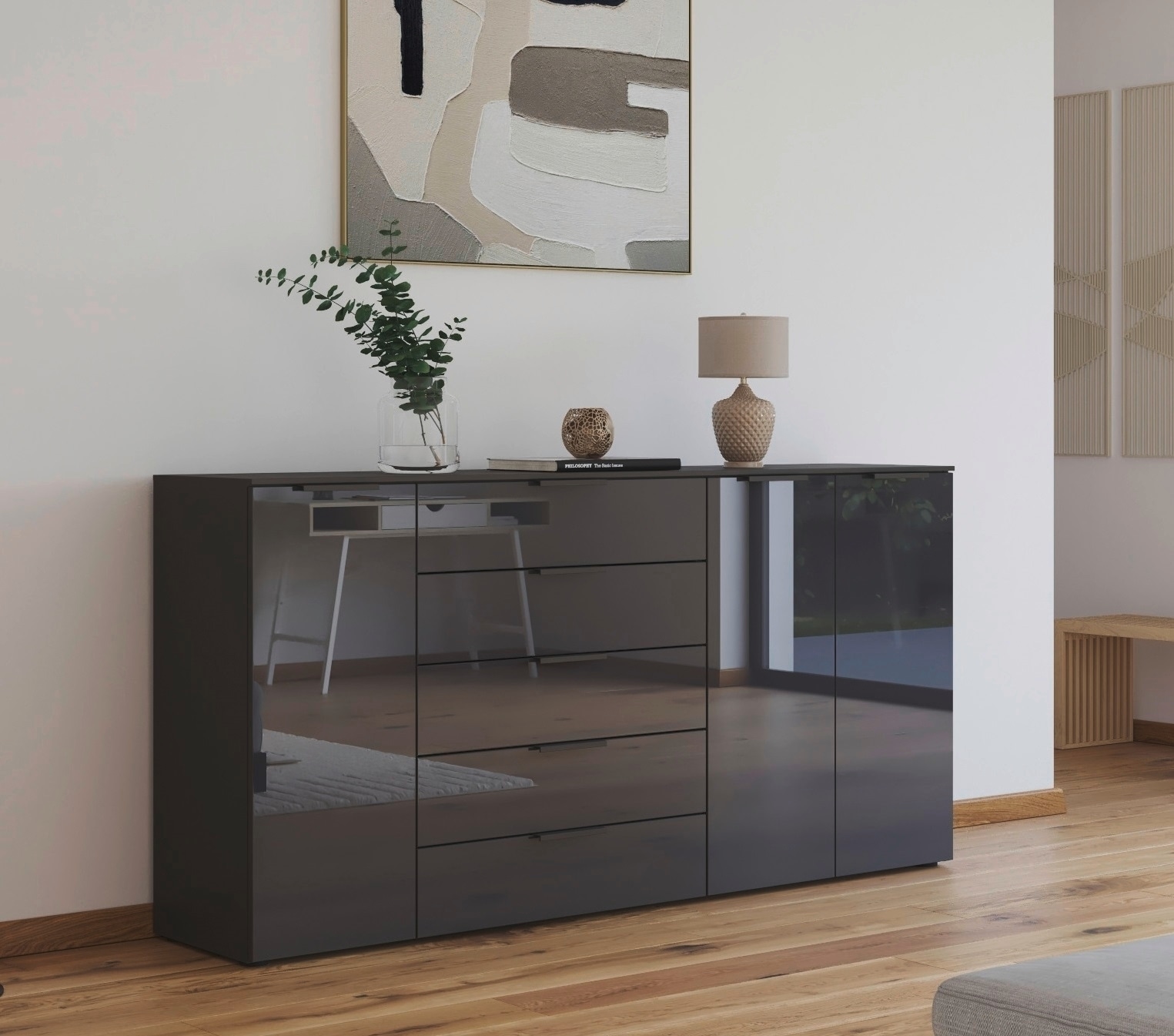 rauch Commode combinée »Kommode Türkommode Sideboard Kombikommode FLIPP mit Glasfront« Largeur 200 cm avec 4 étagères,  3 portes avec 5 tiroirs et fonction soft-close ainsi que façade en verre