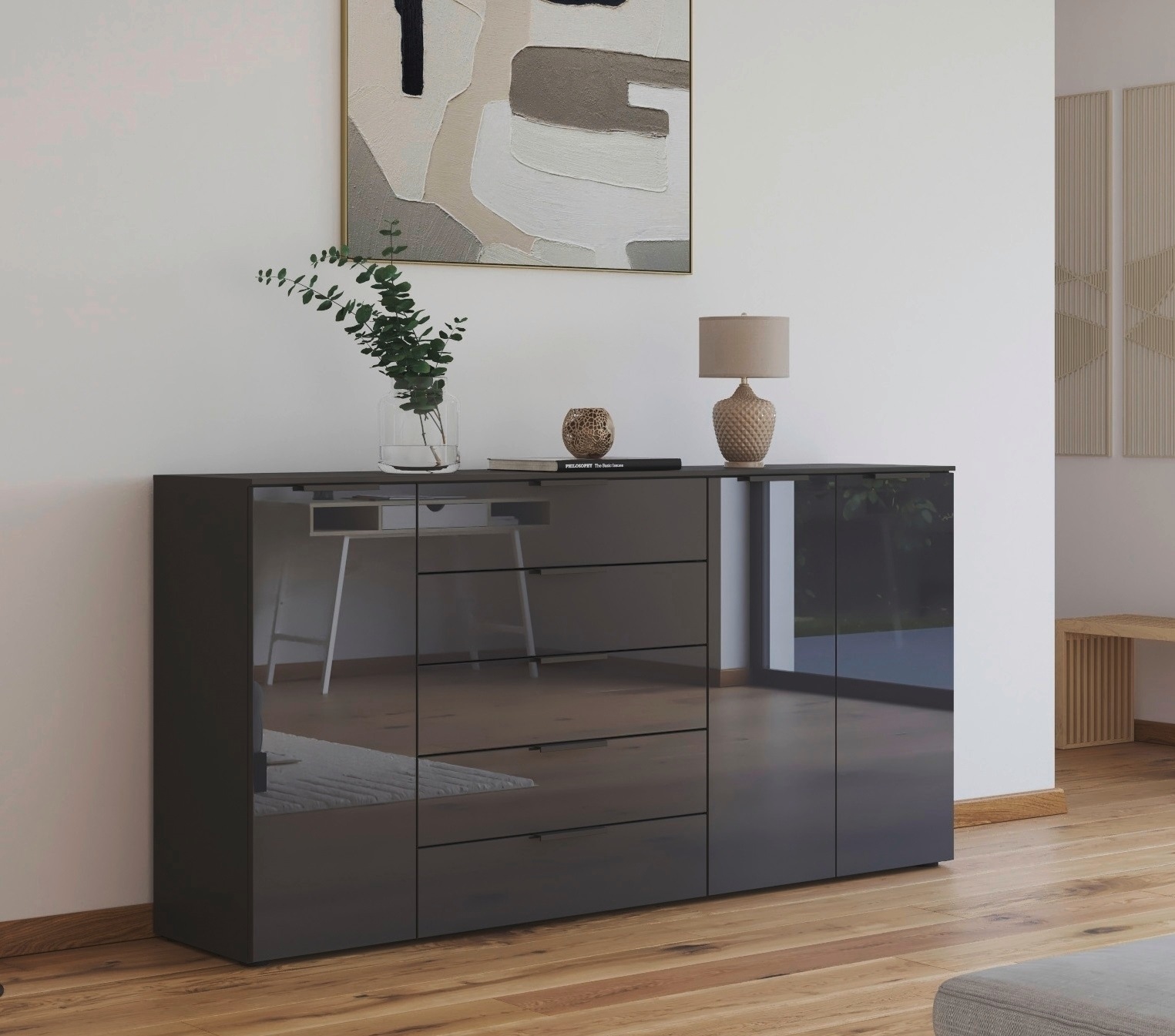 rauch Kombikommode "Kommode Türkommode Sideboard Kombikommode FLIPP mit Glasfront" Breite 200 cm mit 4 Einlegeböden, 3-türig mit 5 Schubladen und Soft-Close-Funktion sowie Glasfront