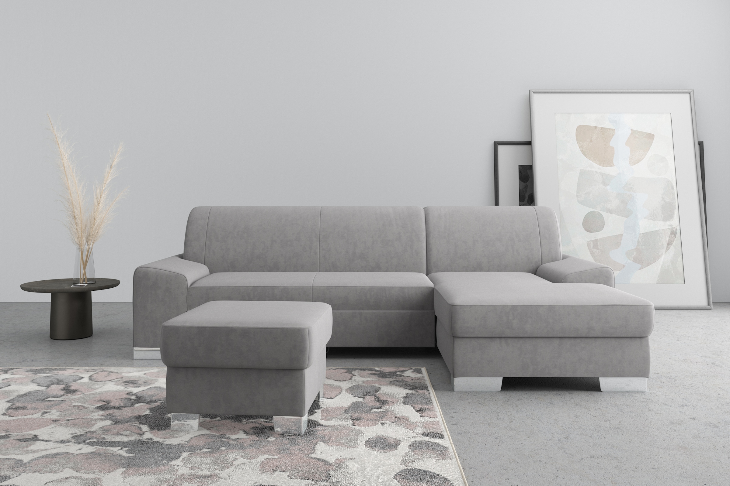 Image of DOMO collection Ecksofa "Anzio L-Form, whlw. Bettfunktion, Federkern, hochwertig, Breite 271 cm" Ohne Bettfunktion, Recamiere rechts, Samtoptik, grau