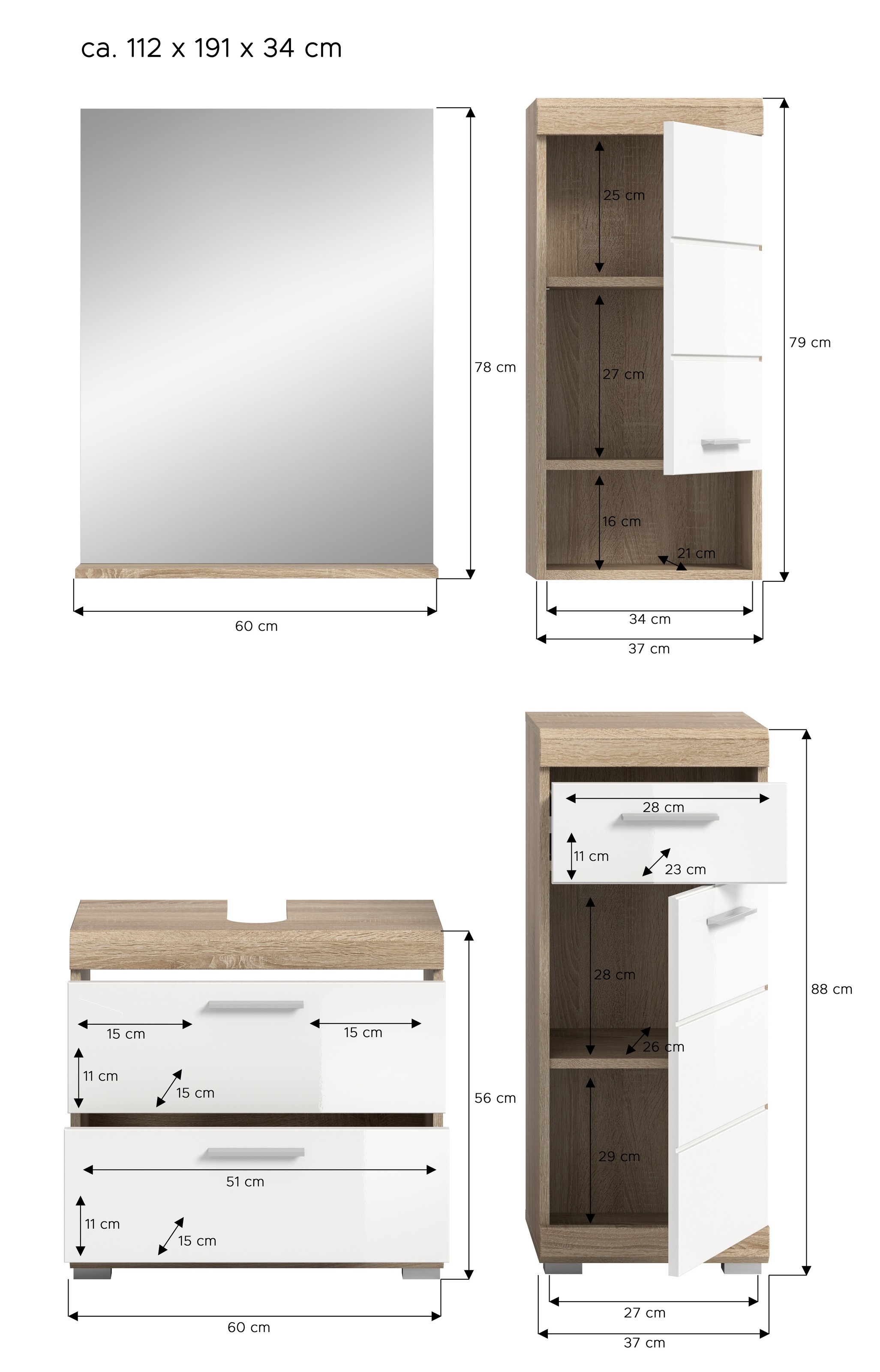 welltime Ensemble de meubles de salle de bain »Siena, 4 teilig, bestehend aus:« Set, TOPSELLER!, 3 cuis tlg.