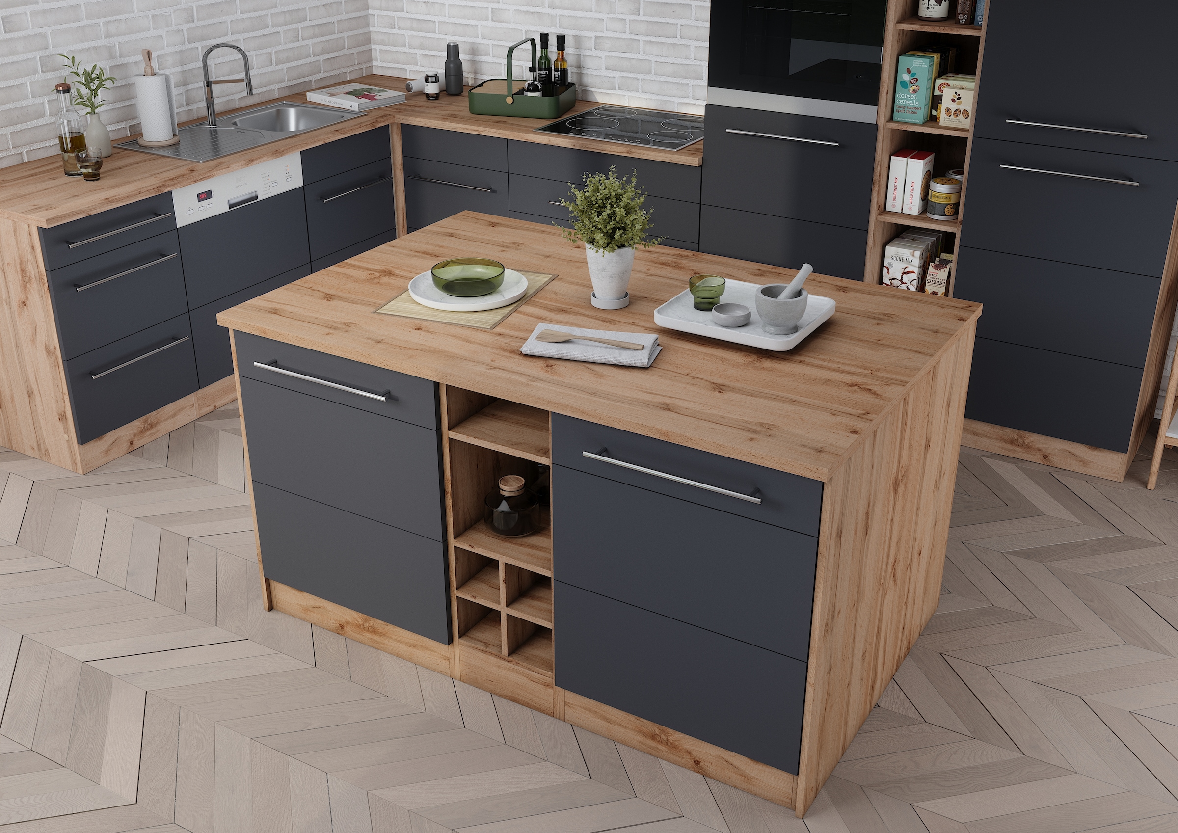 KOCHSTATION Kücheninsel »KS-Wien« Breite 153 cm, MDF-Fronten, Flaschenregal