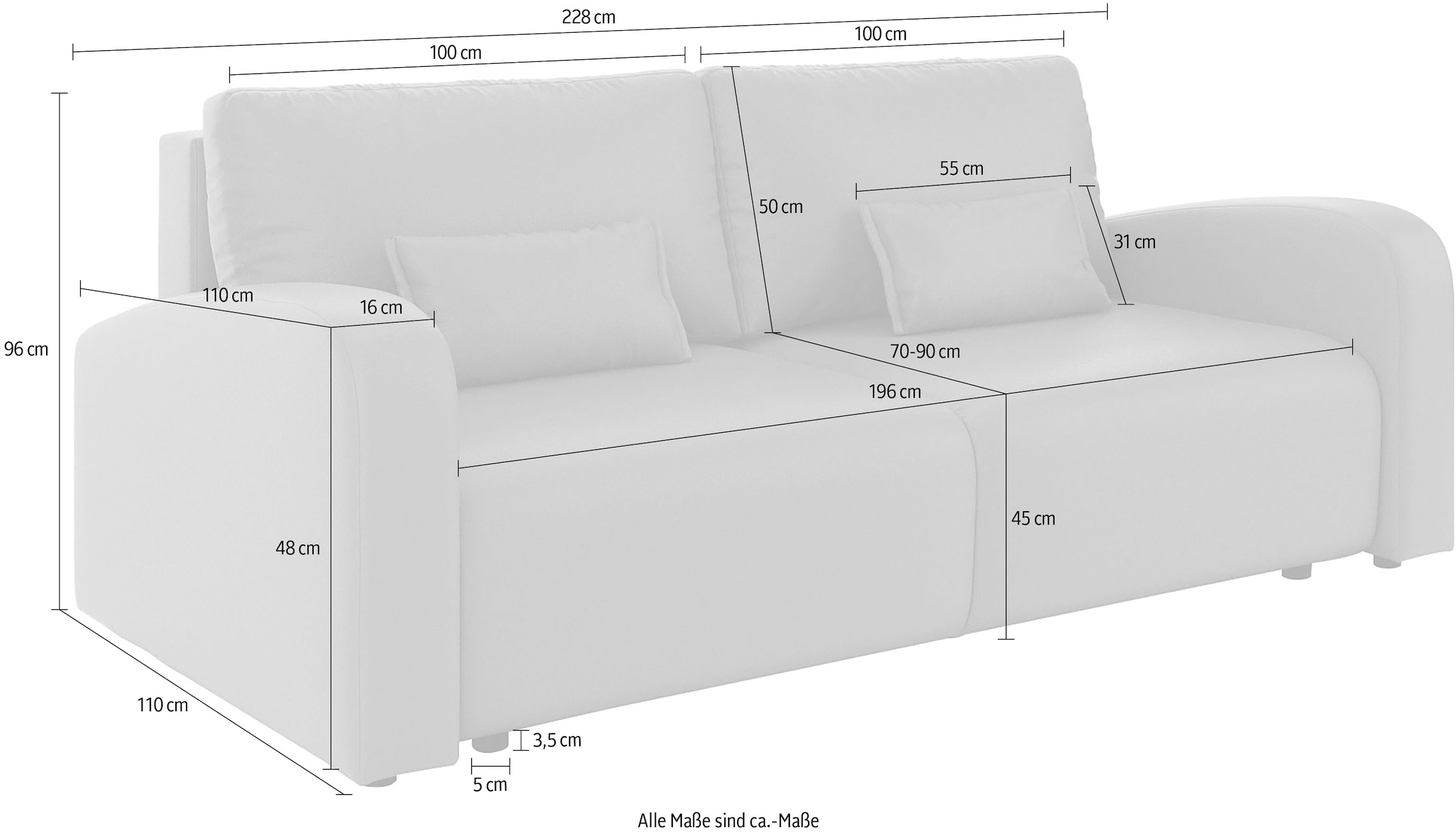 INOSIGN 3-Sitzer »JIGGS wahlweise Schlafsofa mit Bettkasten, Masse B/H/T: 228/96/110 cm«, Sofa mit Wellenunterfederung, enthält 2 Rückenkissen und 2 Zierkissen