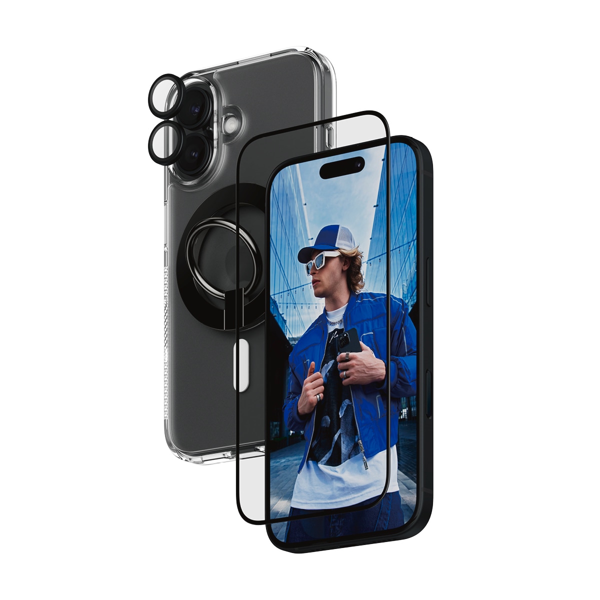 PanzerGlass Displayschutzglas »4-in-1 Protection«, für Apple iPhone 16, (Set, 4 St., bestehend aus Ultra-Wide Fit Glass, Case, Hoops, Ring Mount), Displayschutzfolie, Set, Kameraglas, Cover, MagSafe, kratz- & stossfest