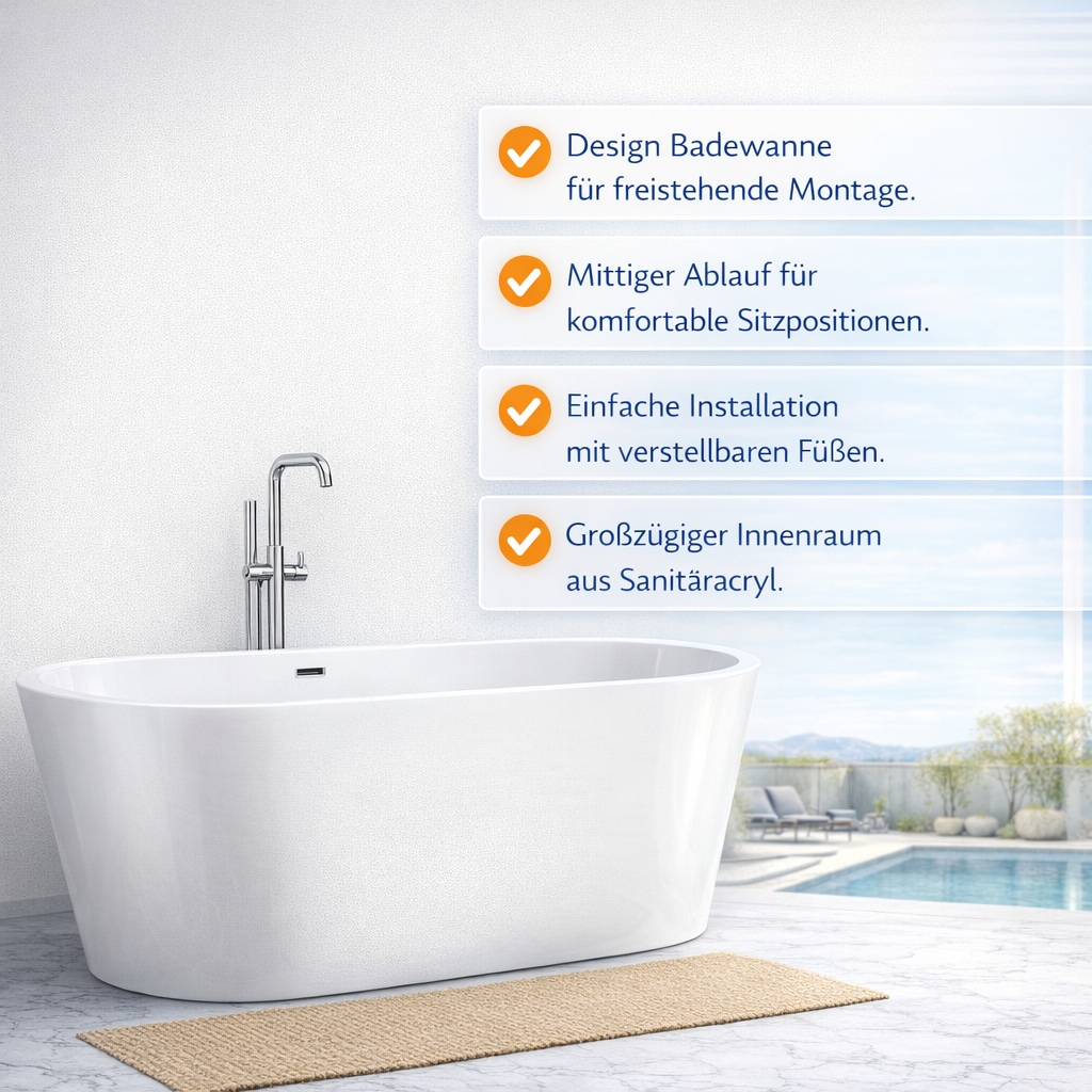 welltime Badewanne »Tavira« Höhe 60 cm mit Ablaufstöpsel | verstellbare Füsse | Überlauf Freistehend, (170x74x60 (LxBxH), Sanitäracryl, mit Pop Up Ventil