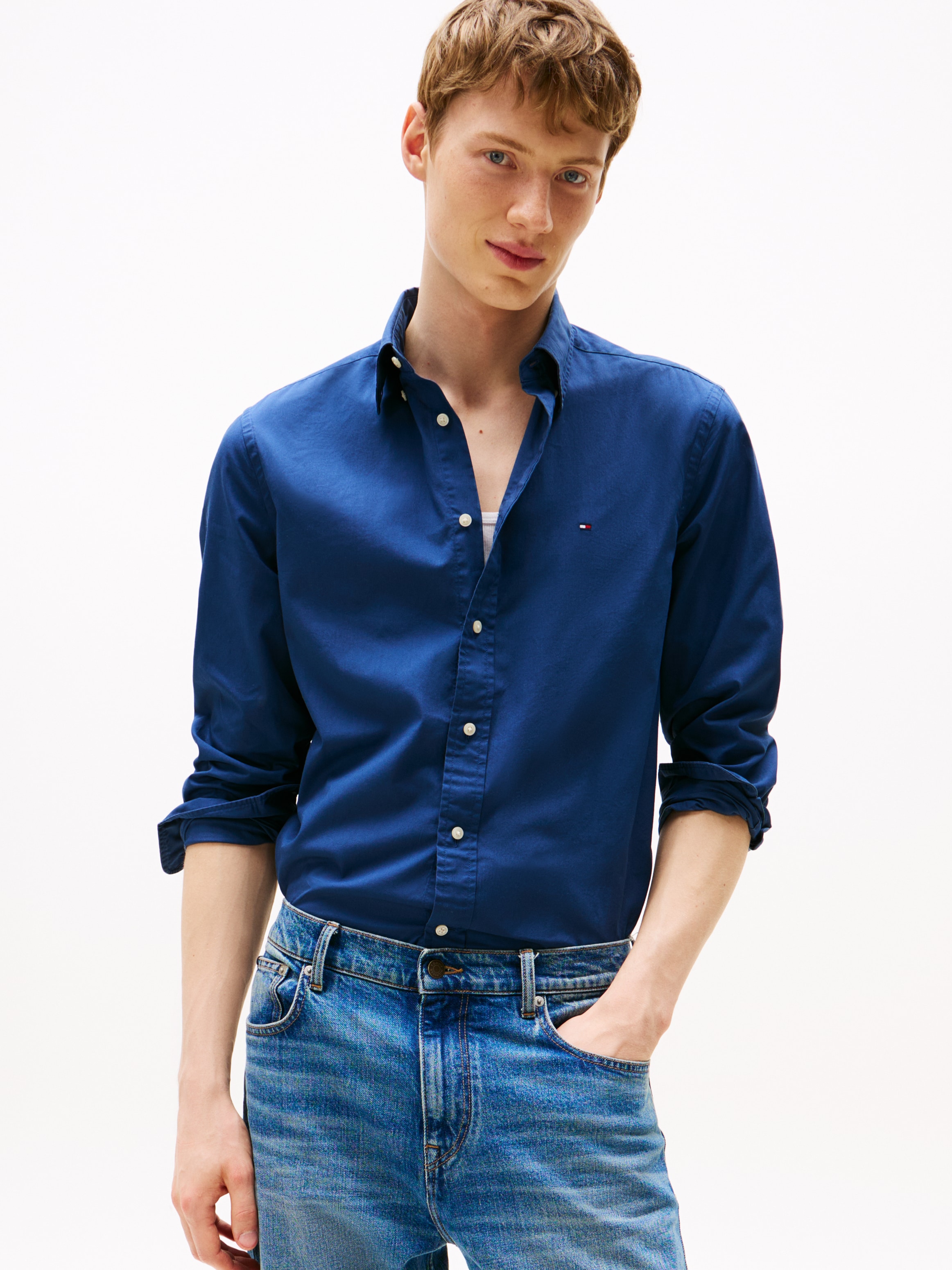 Tommy Hilfiger Businesshemd »FLEX POPLIN SOLID RF SHIRT mit Button-down und Rückenfalte«, unifarben, klassisch, regular fit, Baumwolle, Kragen