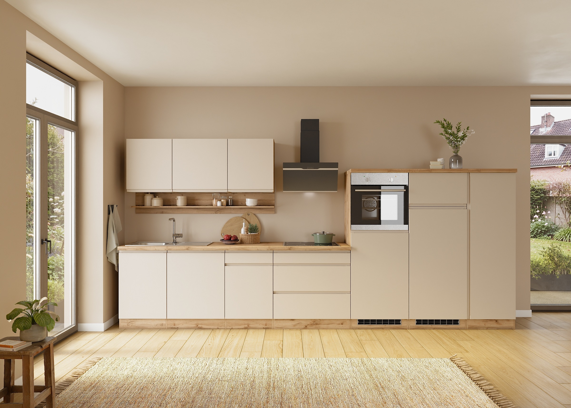 KOCHSTATION Küchenzeile "KS-Virginia,neu in verbesserter Ausführung" Arbeitsplatte 38 mm stark, Stauraum, Softclose, Breite 410 cm, Softclose, wahlweise mit E-Geräten und Induktion